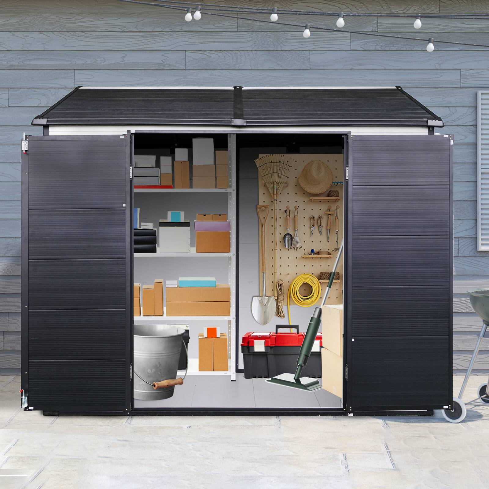 Left. Mondawe - 8 x 6 ft Resin Outdoor Storage Shed with Floor & Two Windows & Lockable Door - Grey+White.