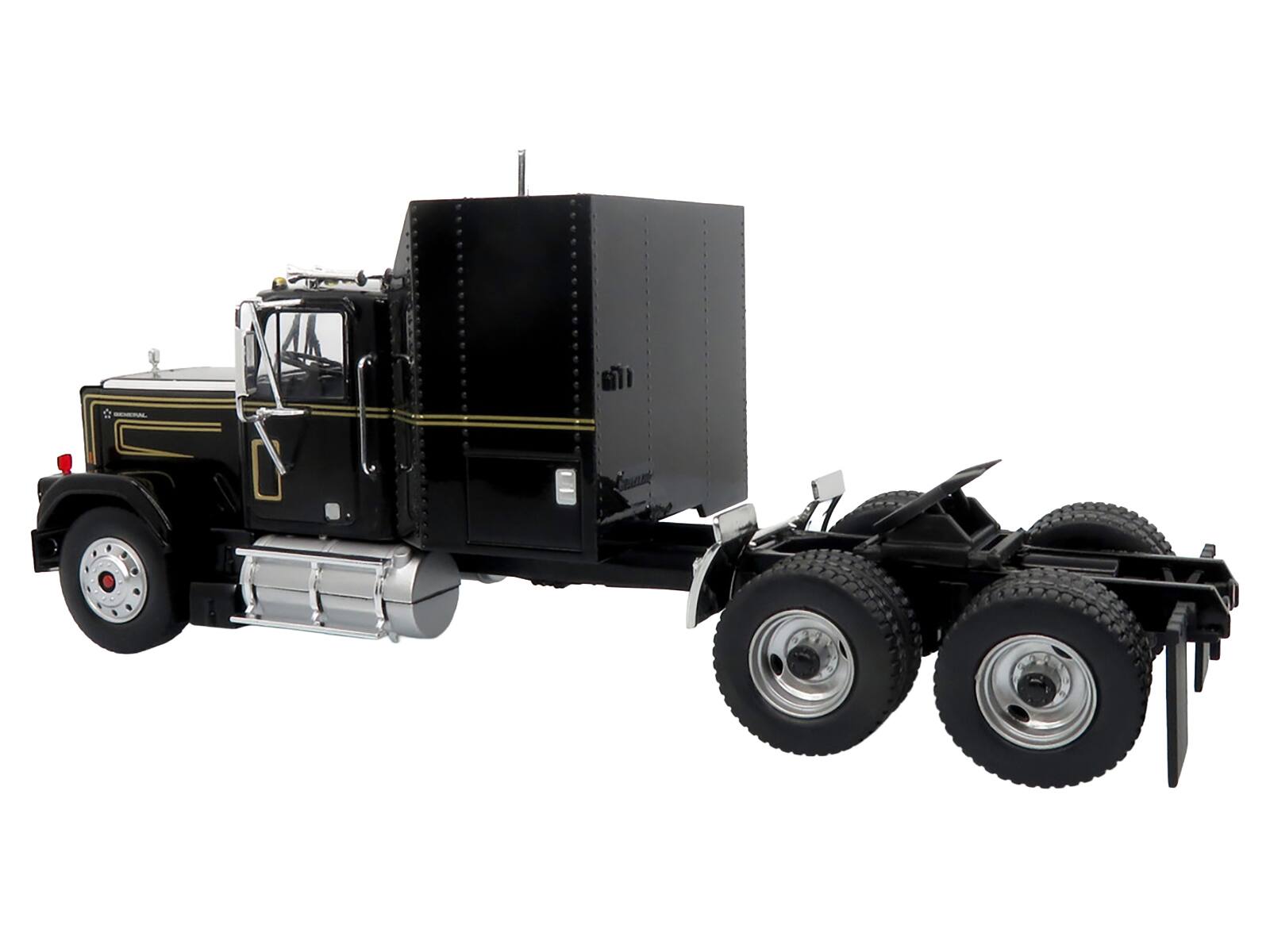 Back. Iconic Replicas - 1980 GMC General Truck with Box Trailer Black Gold Stripes & 1982 Pontiac Firebird Trans Am Knight Set 1/43 - Black.