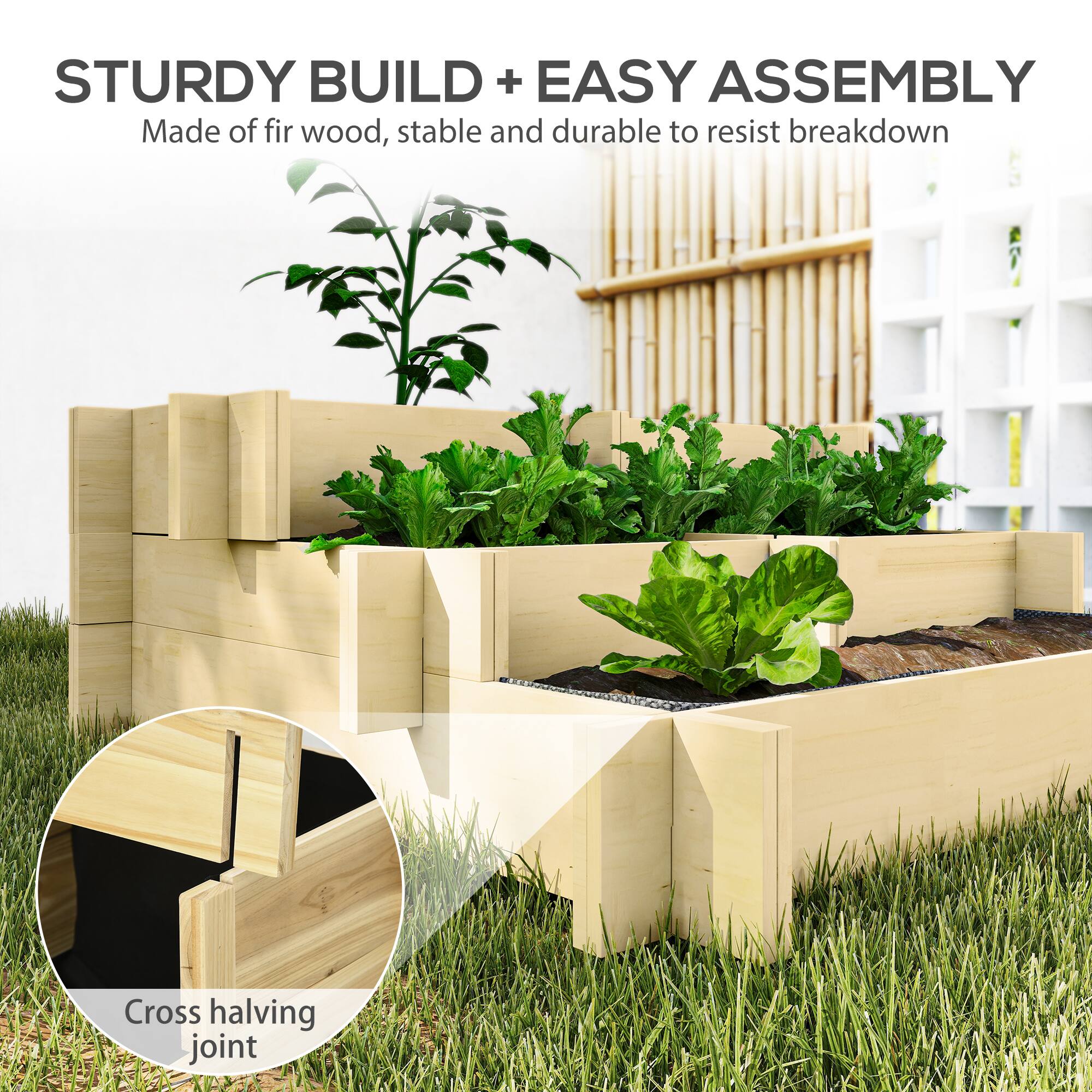 STURDY BUILD + EASY ASSEMBLY  
Made of fir wood, stable and durable to resist breakdown  
Cross halving joint