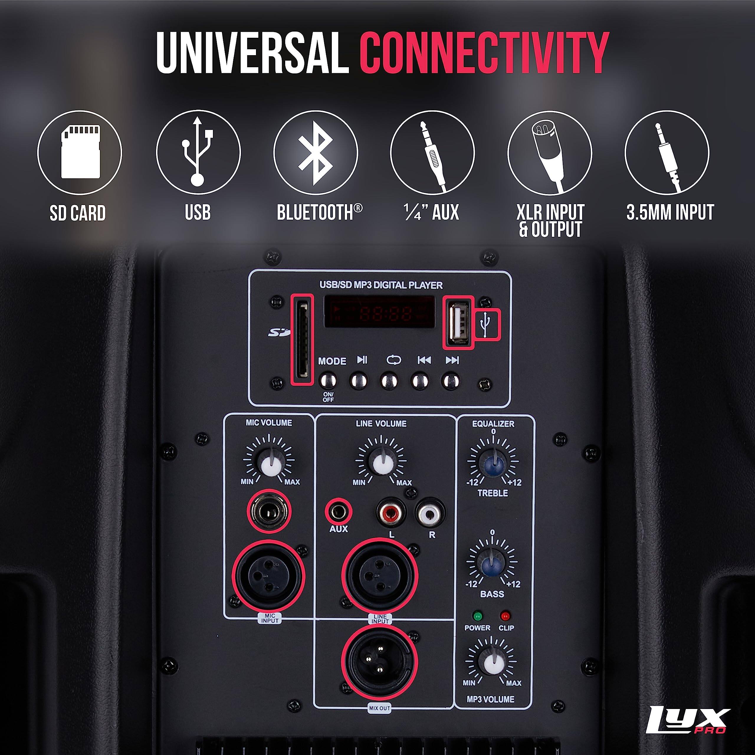 UNIVERSAL CONNECTIVITY SD CARD USB BLUETOOTH 1/4" AUX XLR INPUT & OUTPUT 3.5MM INPUT USB/SD MP3 DIGITAL PLAYER SP 88:88 MODE  H DH ON OFF L MIC VOLUME LINE VOLUME EQUALIZER O MIN MAX MIN MAX -12 +12 TREBLE AUX L R D -12 12 BASS MC NPUT TENE e POWER CLIP MIN MAX - awT MP3 VOLUME LYX PRO