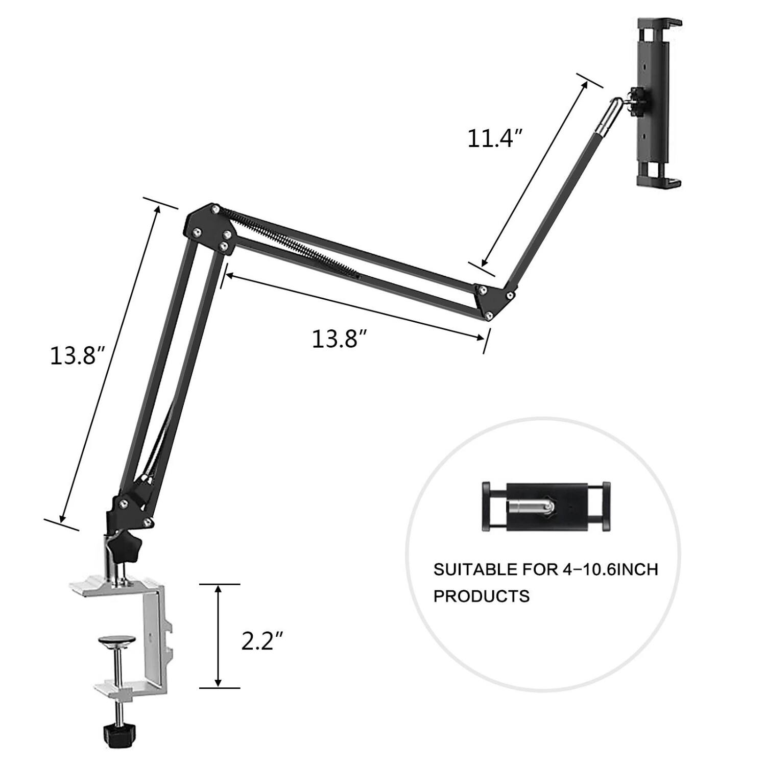 The corrected text from the image is:

11.4" 13.8" 13.8" SUITABLE FOR 4-10.6INCH PRODUCTS 2.2"