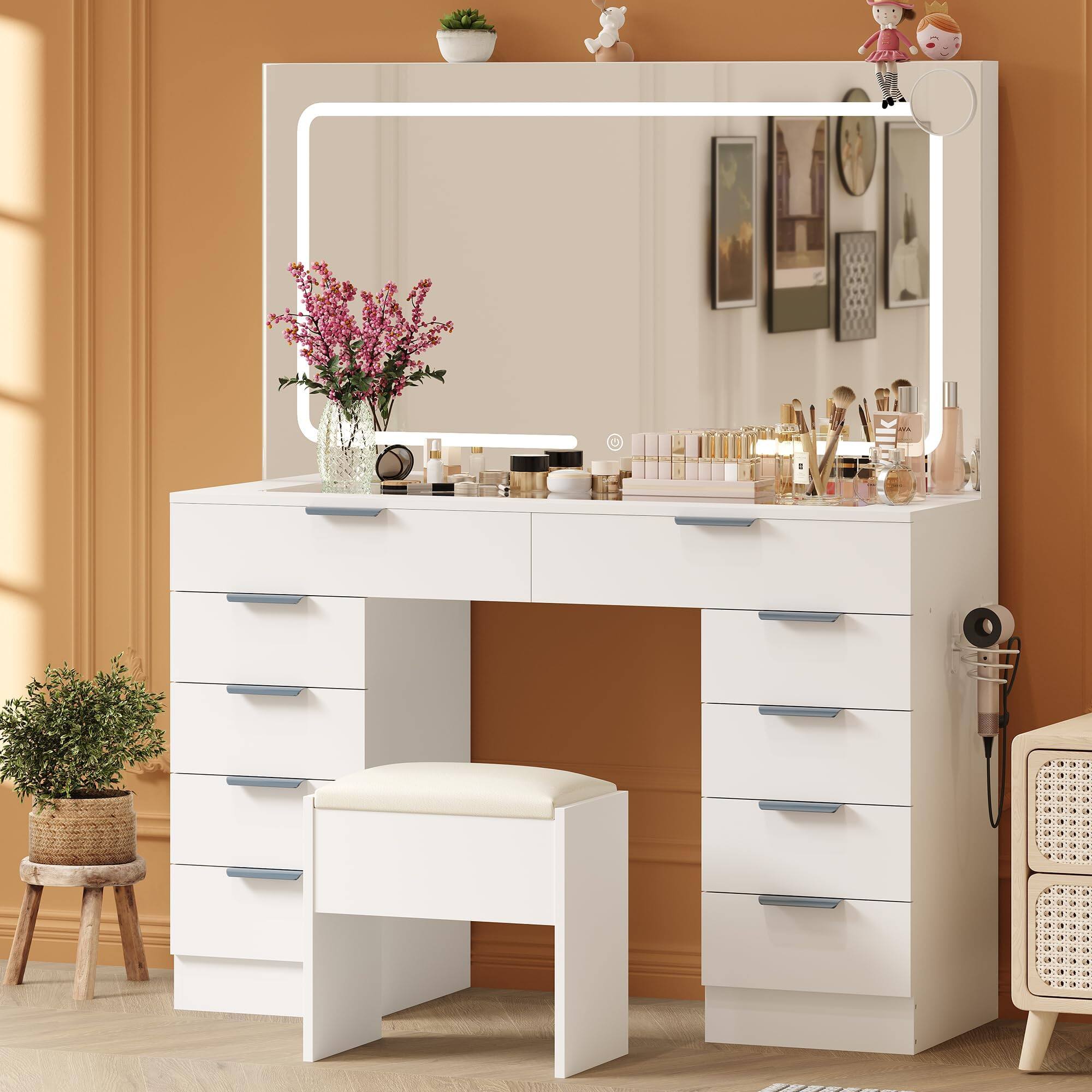 Front. Babevy - 46" Makeup Vanity Desk w/ Lighted Mirror, Power Outlet, Adjustable Lighting, 10 Drawers & Cushioned Stool for Bedroom - White.