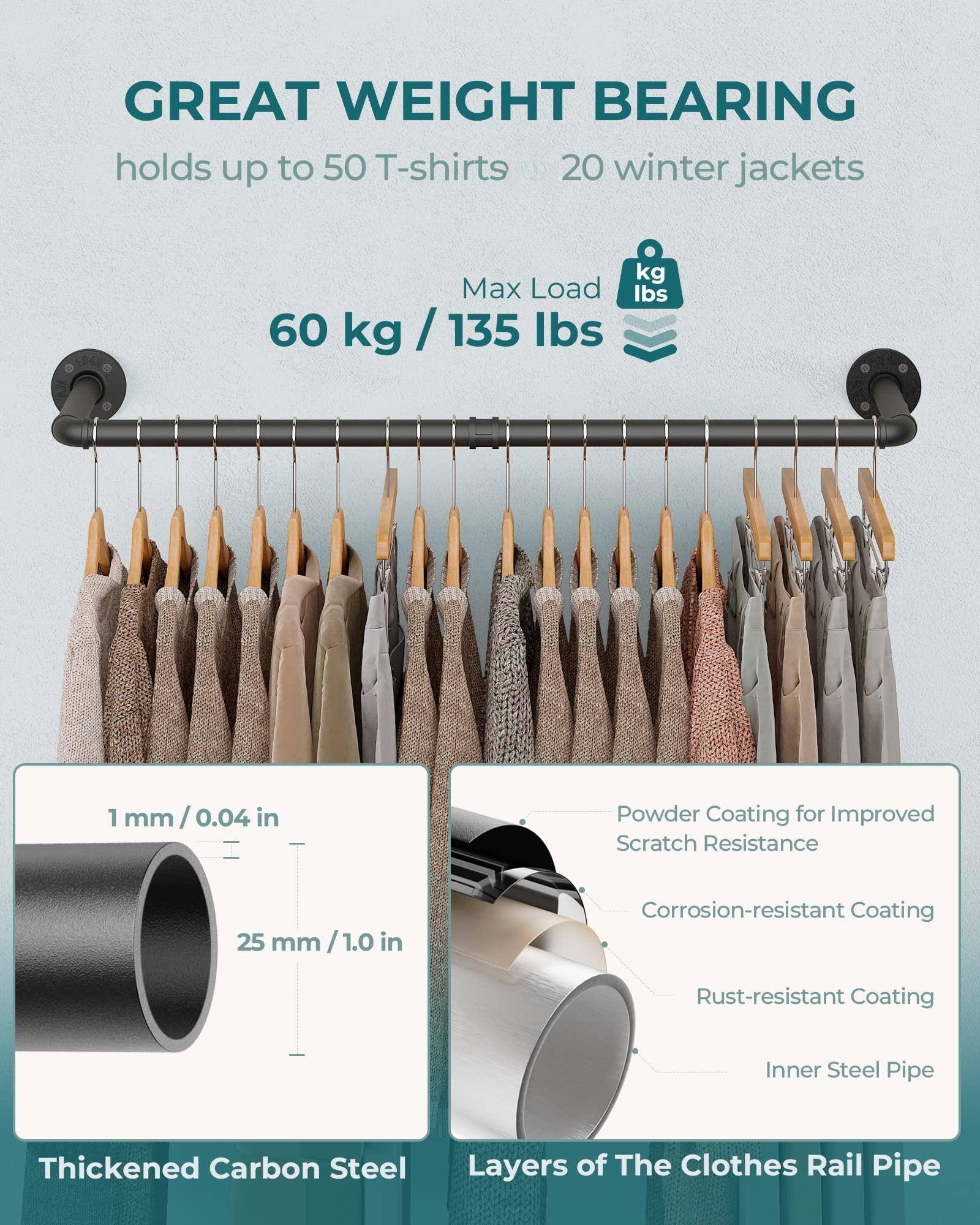 **GREAT WEIGHT BEARING**

- holds up to 50 T-shirts
- 20 winter jackets

**Max Load**
- 60 kg / 135 lbs

**1 mm / 0.04 in**

**25 mm / 1.0 in**

**Thickened Carbon Steel**

**Layers of The Clothes Rail Pipe**

- Powder Coating for Improved Scratch Resistance
- Corrosion-resistant Coating
- Rust-resistant Coating
- Inner Steel Pipe