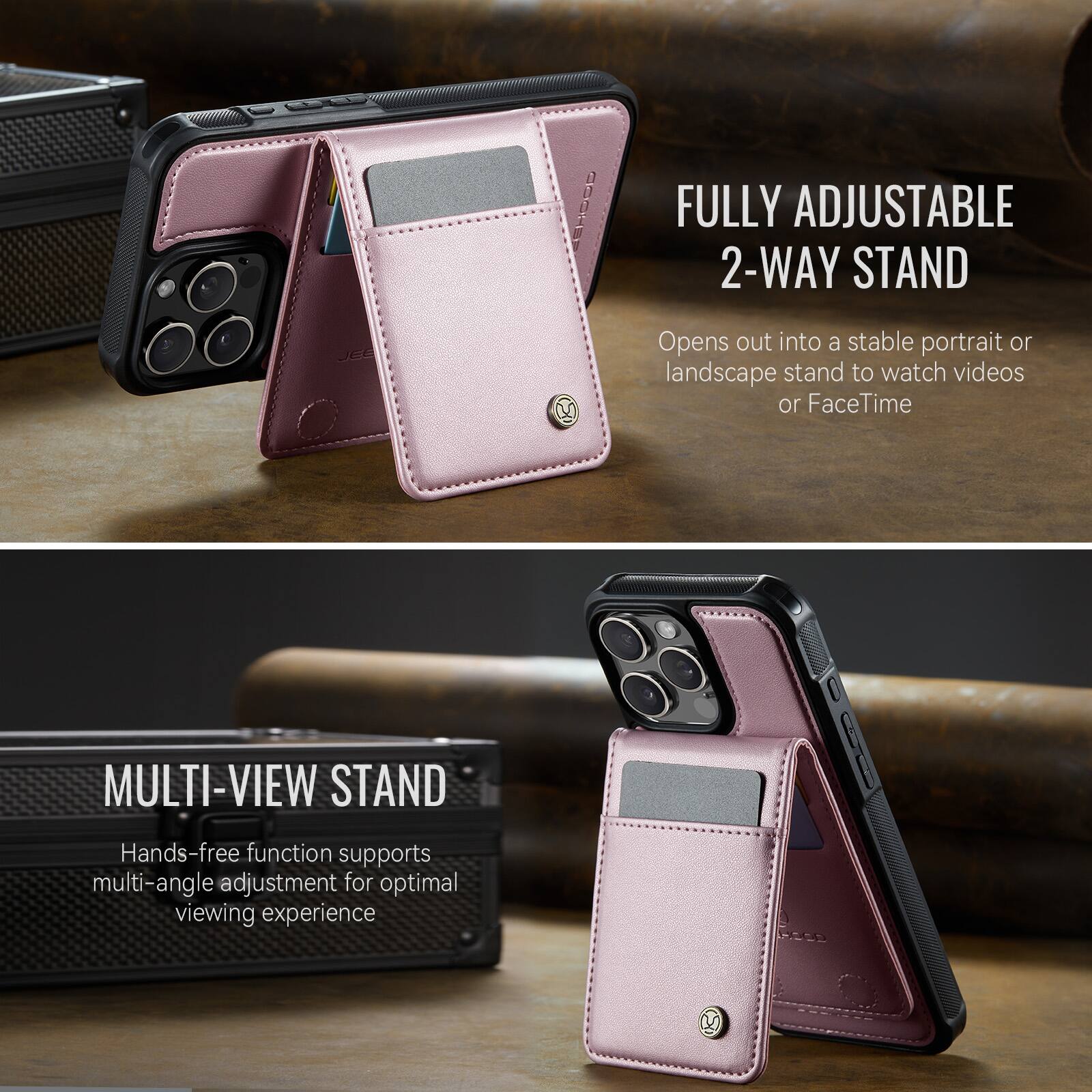 FULLY ADJUSTABLE 2-WAY STAND  
Opens out into a stable portrait or landscape stand to watch videos or FaceTime  

MULTI-VIEW STAND  
Hands-free function supports multi-angle adjustment for optimal viewing experience