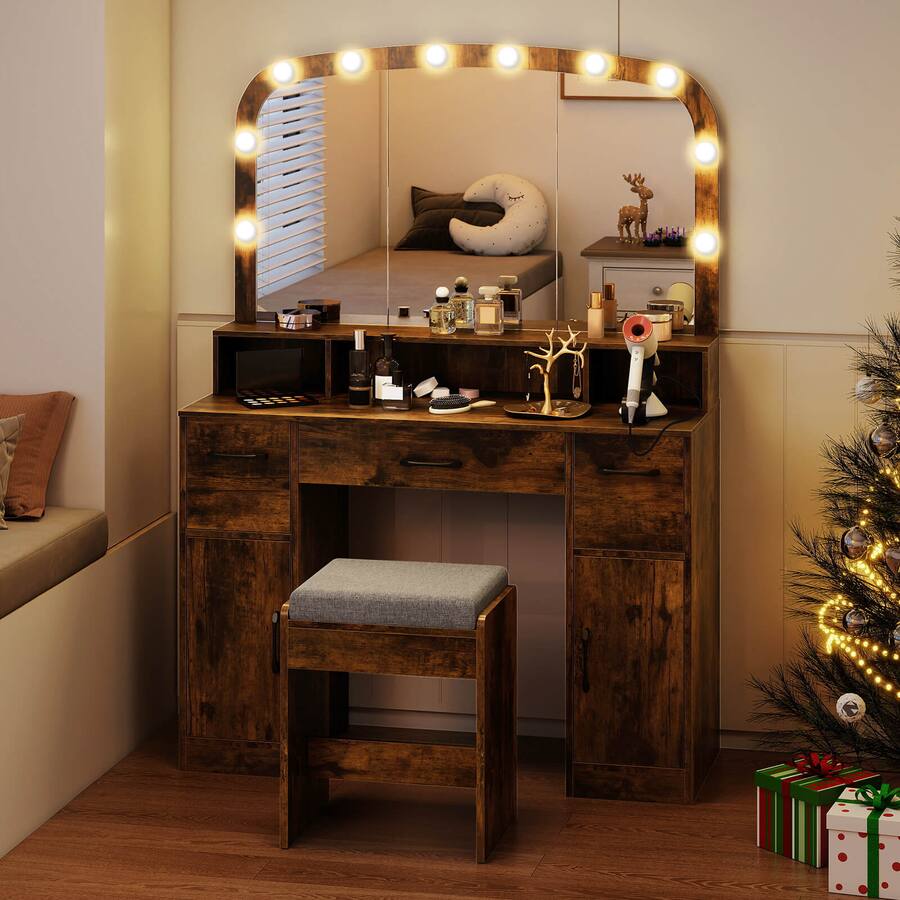 Declutter Desk Drawers Costway Vanity Desk Makeup Table with with Stool Large Mirror 3 Color ...