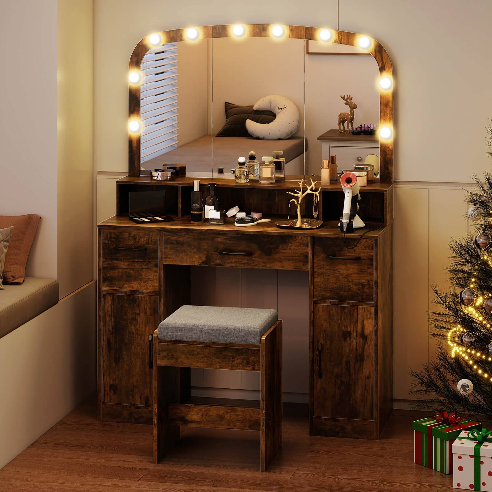 Alt View 4. Costway - Costway Vanity Desk Makeup Table with with Stool Large Mirror 3-Color Lights for Bedroom - Rustic Brown.