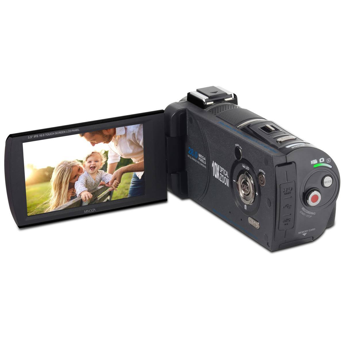 SCREEN LCOPANEL PS 16:9 TOUCH 3.5 MINOLTA  
28.0 MEGA PIXELS 56 10% 25%  
MODE HD FULL HD RECORDING STOP MEMORY CARD