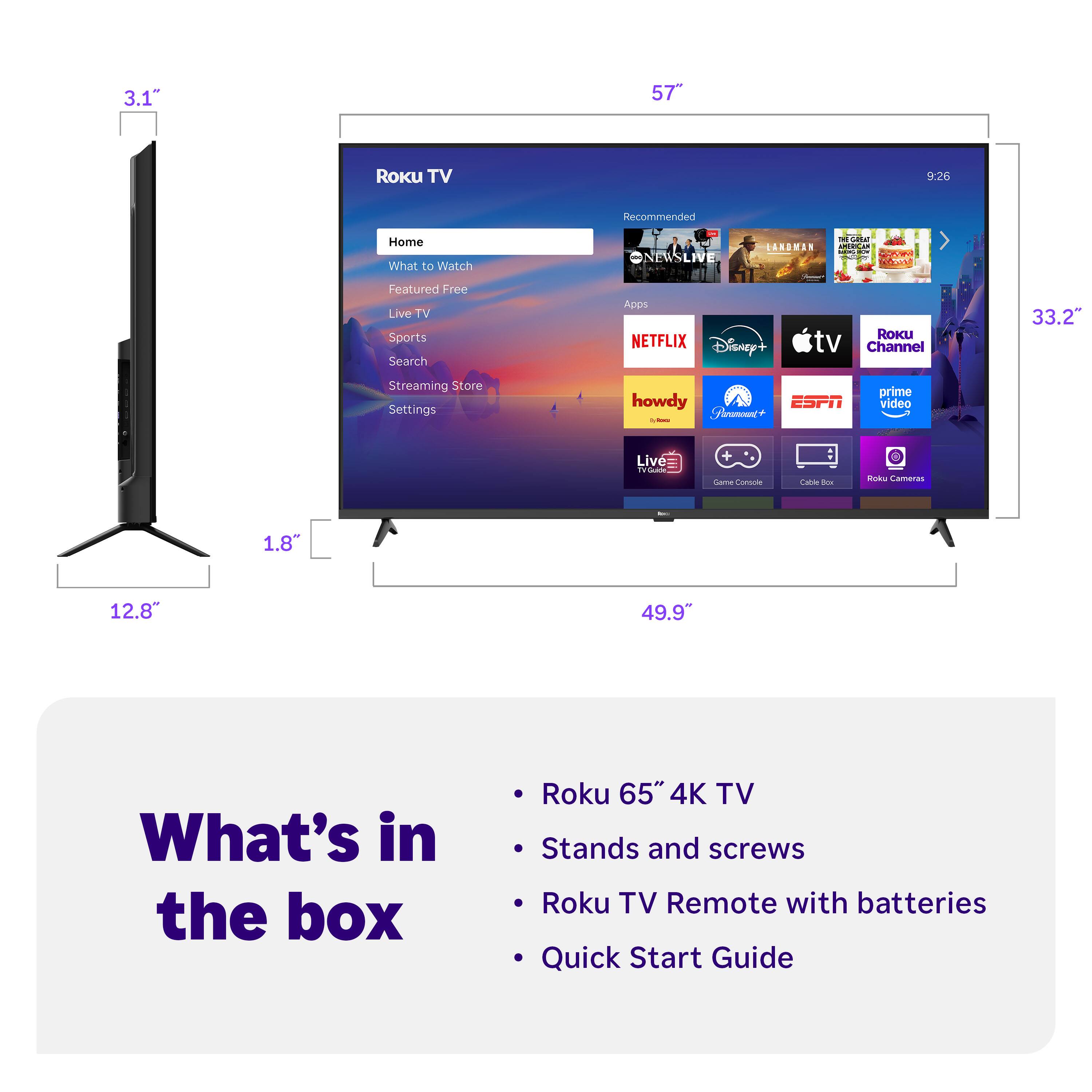 3.1"  
57"  
9:26  
33.2"  
49.9"  
12.8"  
1.8"  

Roku TV  
Home  
What to Watch  
Featured Free  
Live TV  
Sports  
Search  
Streaming Store  
Settings  

Recommended  
NEWS LIVE  
LANDMAN  
COCO  

Apps  
NETFLIX  
Disney+  
Apple TV  
Roku Channel  
howdy  
Amazon Prime Video  
ESPN  
prime video  
Live TV  
Game Console  
Cable Box  
Roku Cameras  

What's in the box  
Roku 65" 4K TV  
Stands and screws  
Roku TV Remote with batteries  
Quick Start Guide