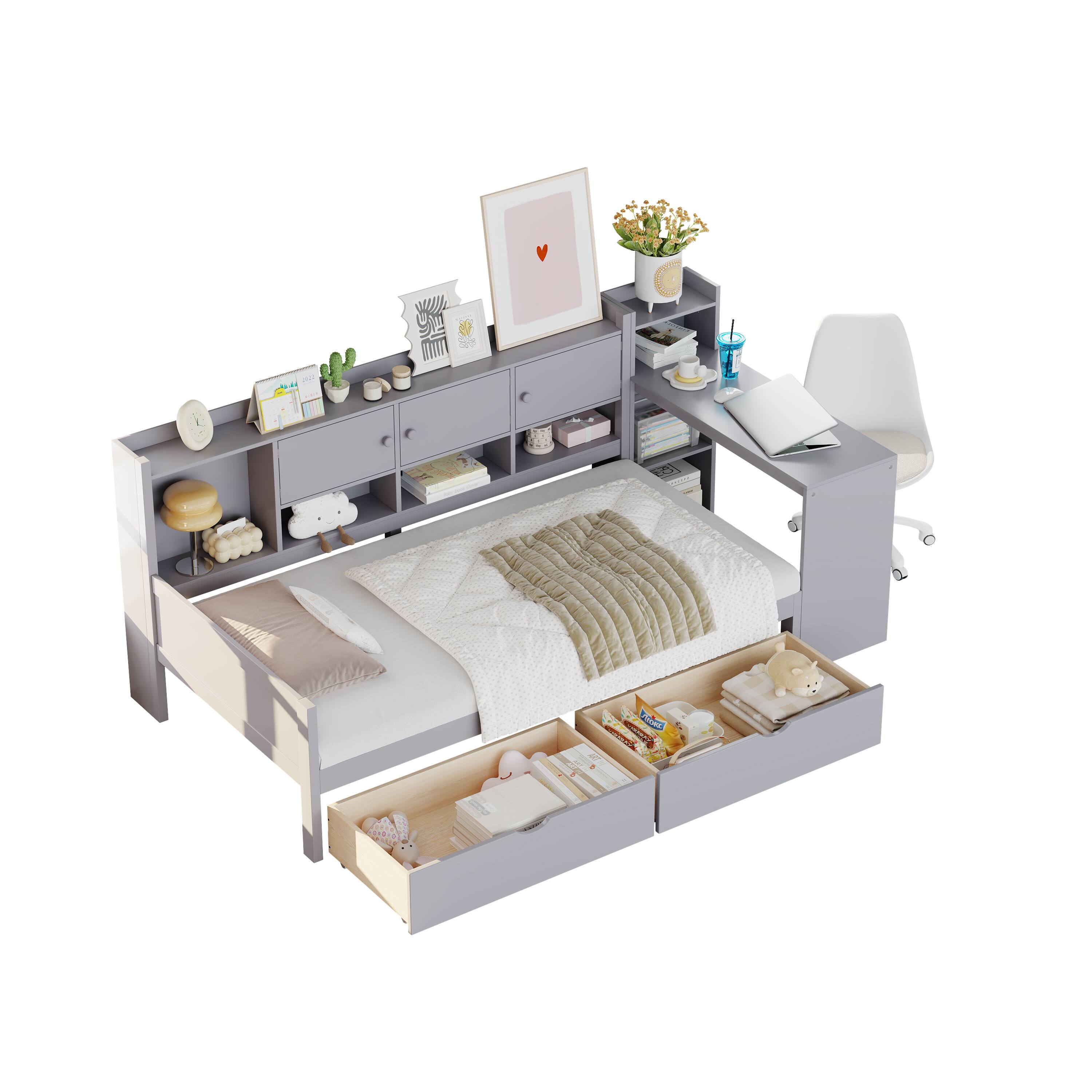 Back. TinyHomie - Twin Size Daybed with Storage 3 Cabinets 2 Drawers Wooden L-Shape Daybed Frame with Study Desk and Built-in Bookshelf - Gray.