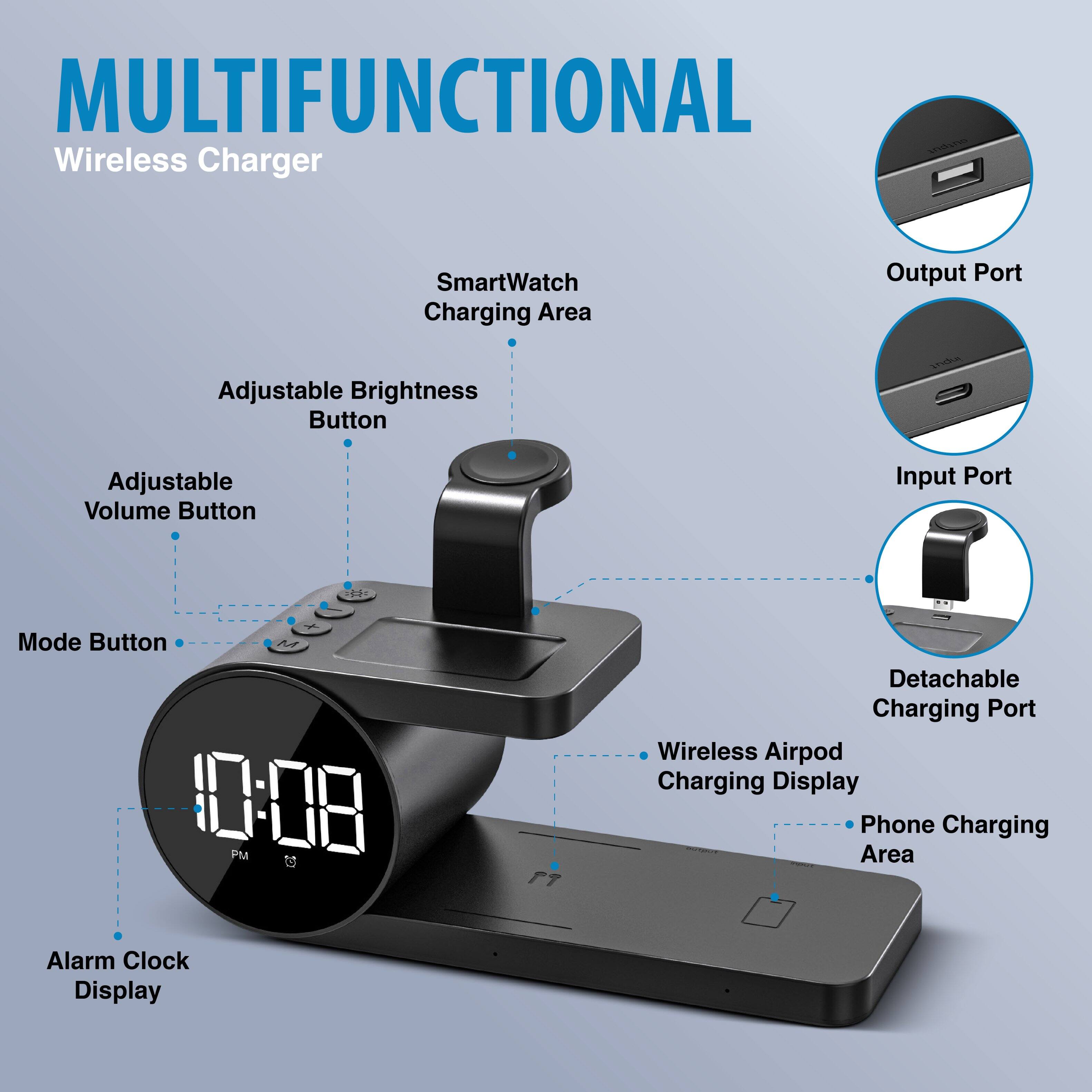 MULTIFUNCTIONAL Wireless Charger SmartWatch Charging Area Output Port Adjustable Brightness Button Adjustable Volume Button Input Port Mode Button Detachable Charging Port Wireless Airpod Charging Display Phone Charging Area Alarm Clock Display