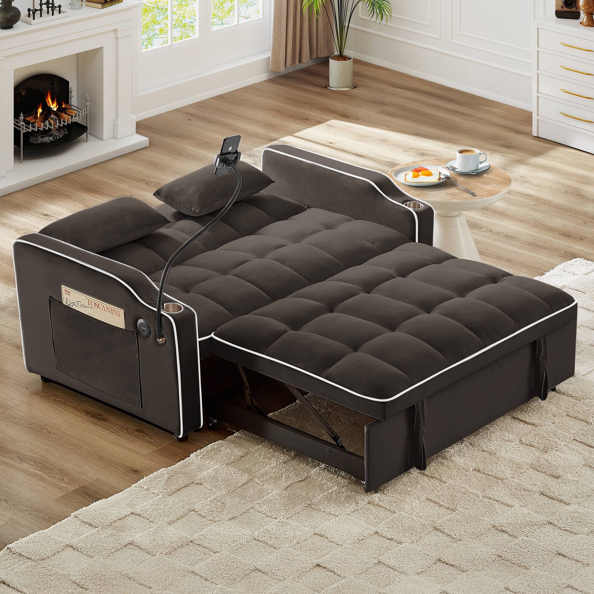 Angle. Trinkets Crazed - Sleeper Sofa Couch Bed with Phone Holder, 3-in-1 Convertible Velvet Pull Out Loveseat Futon Sofa with USB & Cup Holder - Brown.