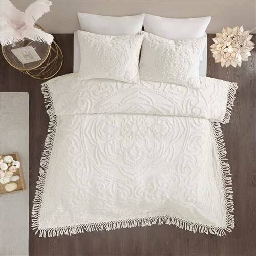 Angle. Hivvago - Full/Queen 100-Percent Cotton Chenille Bedspread with Fringe Hem in Off-White - Off-White.