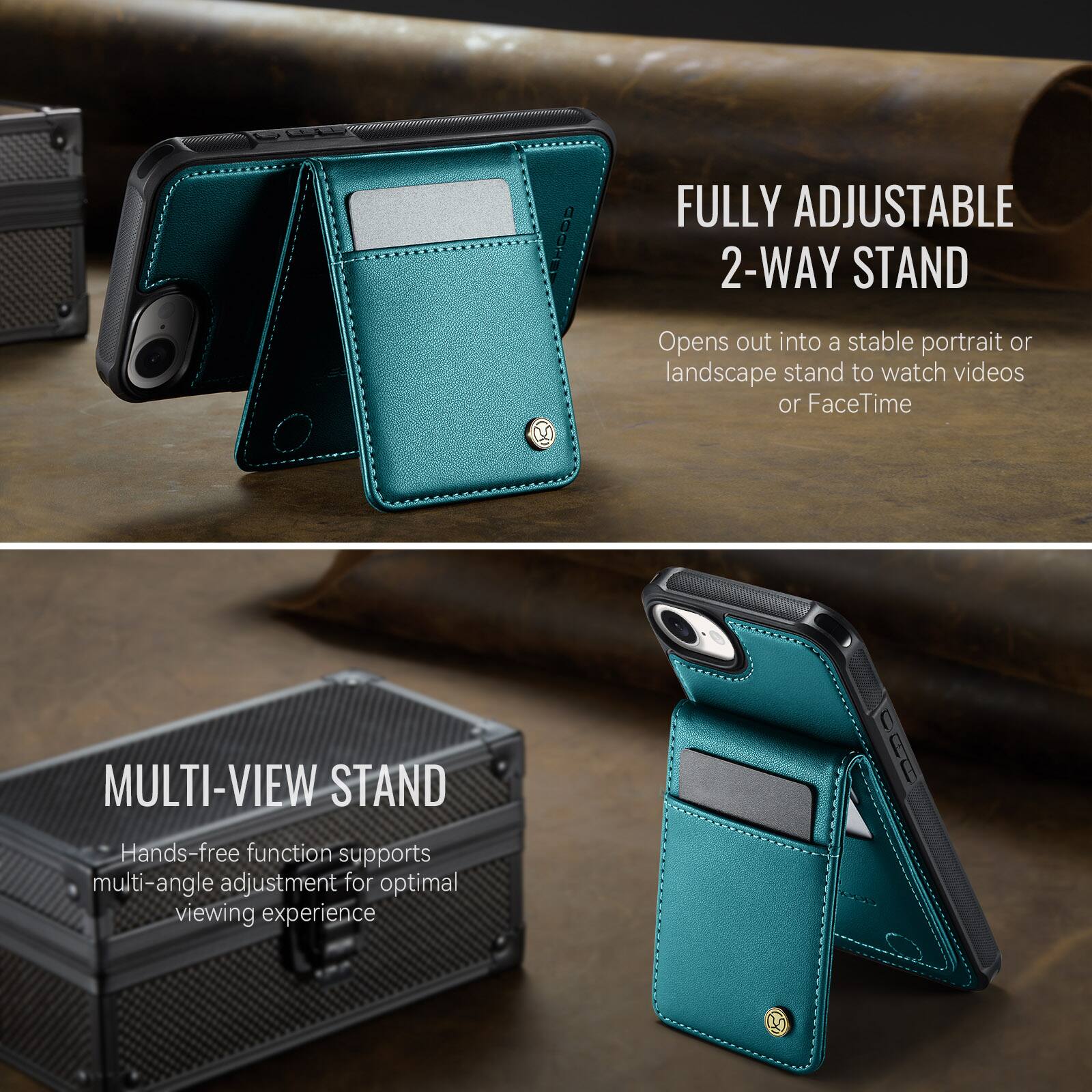 FULLY ADJUSTABLE 2-WAY STAND  
Opens out into a stable portrait or landscape stand to watch videos or FaceTime

MULTI-VIEW STAND  
Hands-free function supports multi-angle adjustment for optimal viewing experience