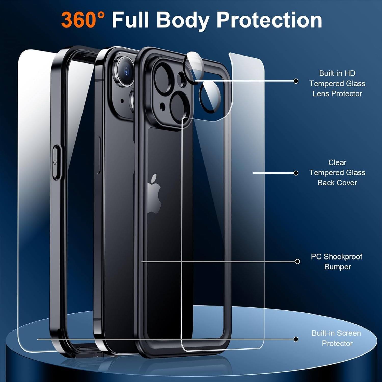 360 Full Body Protection
Built-in HD Tempered Glass Lens Protector
Clear Tempered Glass Back Cover
PC Shockproof Bumper
Built-in Screen Protector