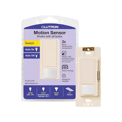 LUTRON Motion Sensor
Works with all bulbs
Switch
Auto On
Auto Off
3x More reliable than competition*
Works with existing wiring
Ground or neutral wire required
Saves energy
Adapts to daylight
Single pole
MS-OPS2H-LA
150W LED, CFL
250W Incandescent, Halogen, ELV
200W MLV
2A Fixture
120 V
9010
0rdo H2
260 W
LISTED