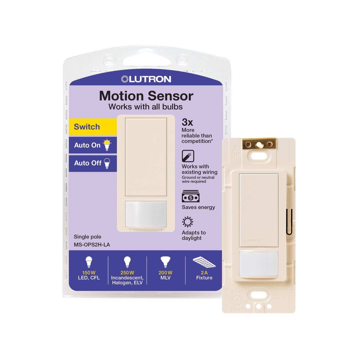 Lutron - Maestro 2 amps Single Pole Motion Sensor Smart Enabled Light Switch 1 pk - Almond, White