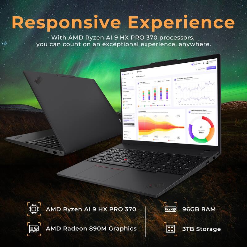 Responsive Experience

With AMD Ryzen AI 9 HX PRO 370 processors, you can count on an exceptional experience, anywhere.

- AMD Ryzen AI 9 HX PRO 370
- AMD Radeon 890M Graphics
- 96GB RAM
- 3TB Storage