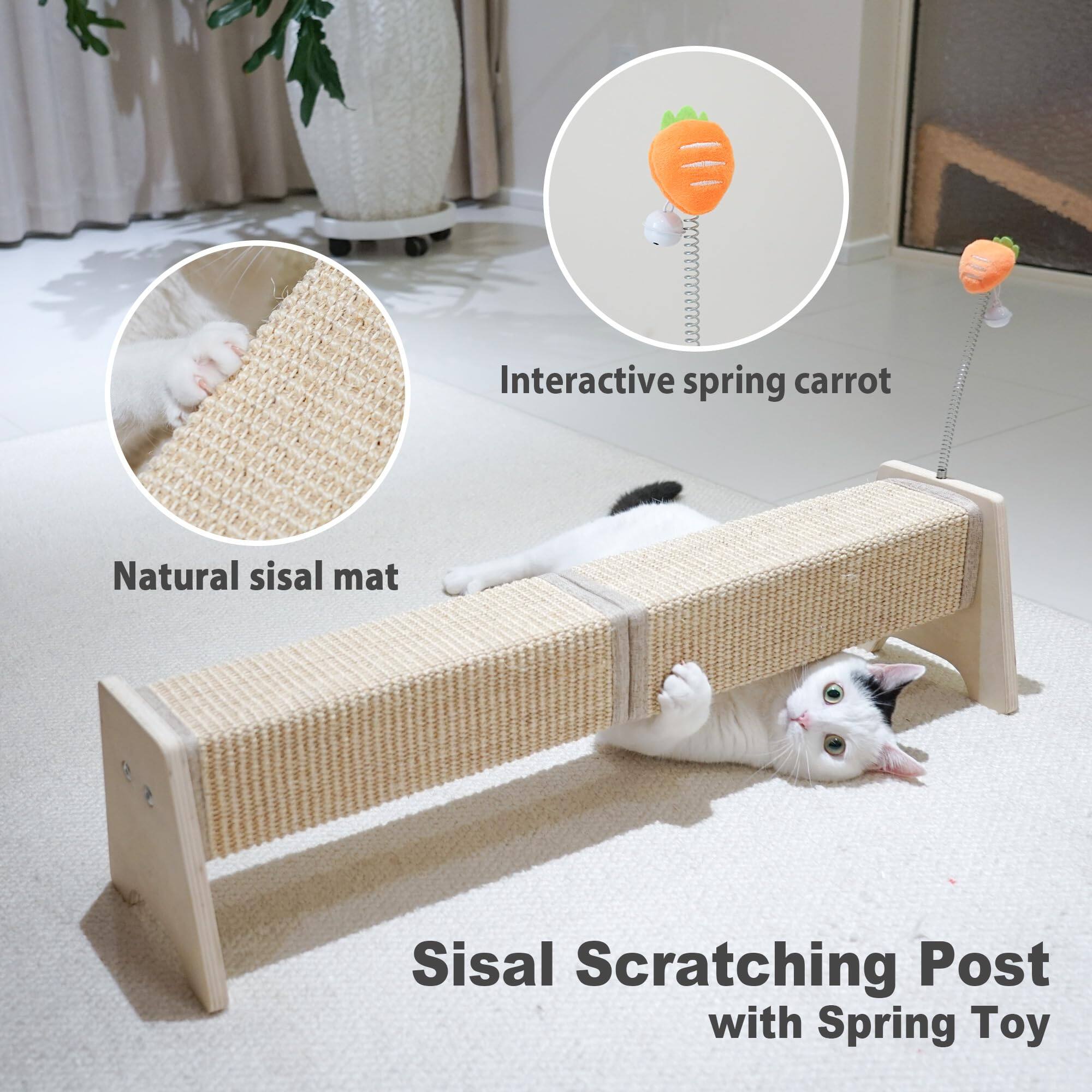 - Interactive spring carrot
- Natural sisal mat
- Sisal Scratching Post with Spring Toy