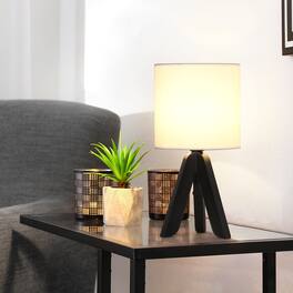 Oumilen - Black Tripod Table Lamp with White Fabric Shade – Mid-Century Modern Nightstand Lamp with In-Line Switch