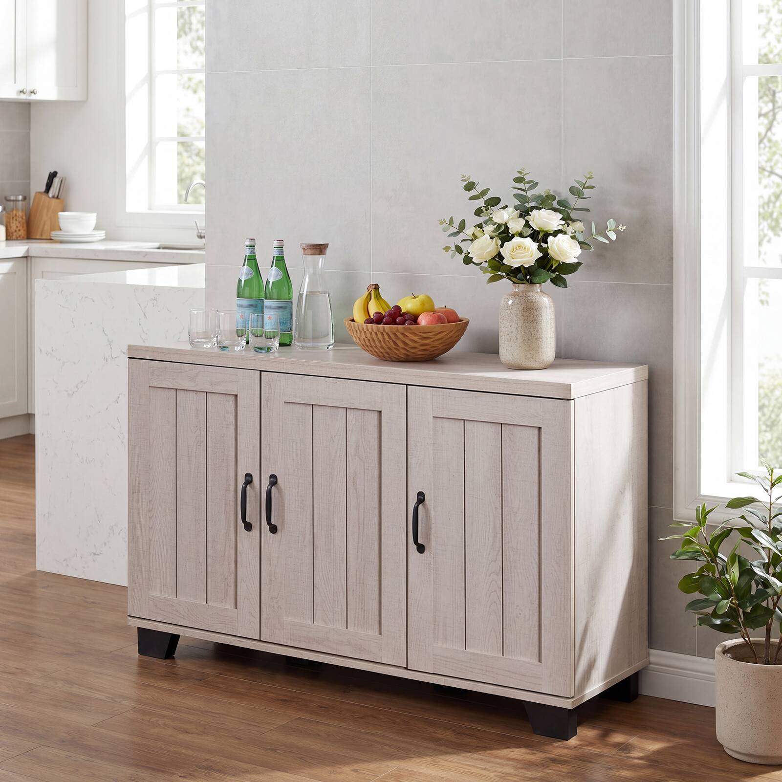 Alt View 1. Costway - 3-Door Buffet Sideboard Storage Credenza Cabinet Console Adjustable Shelf White Wash - White Wash.