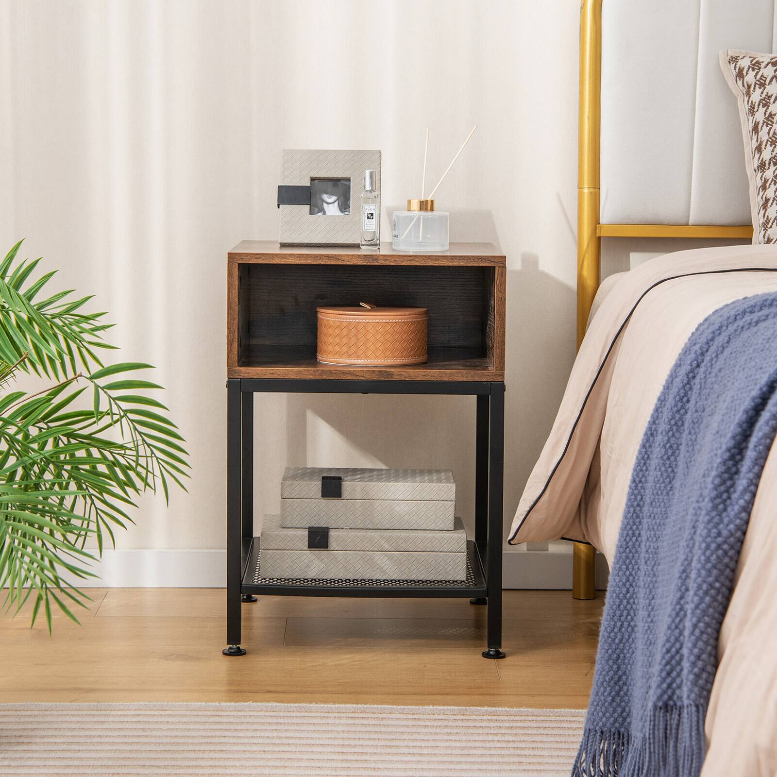 Alt View 2. SlickBlue - Industrial Nightstand with Mesh Shelf for Bedroom or Living Room - Brown.