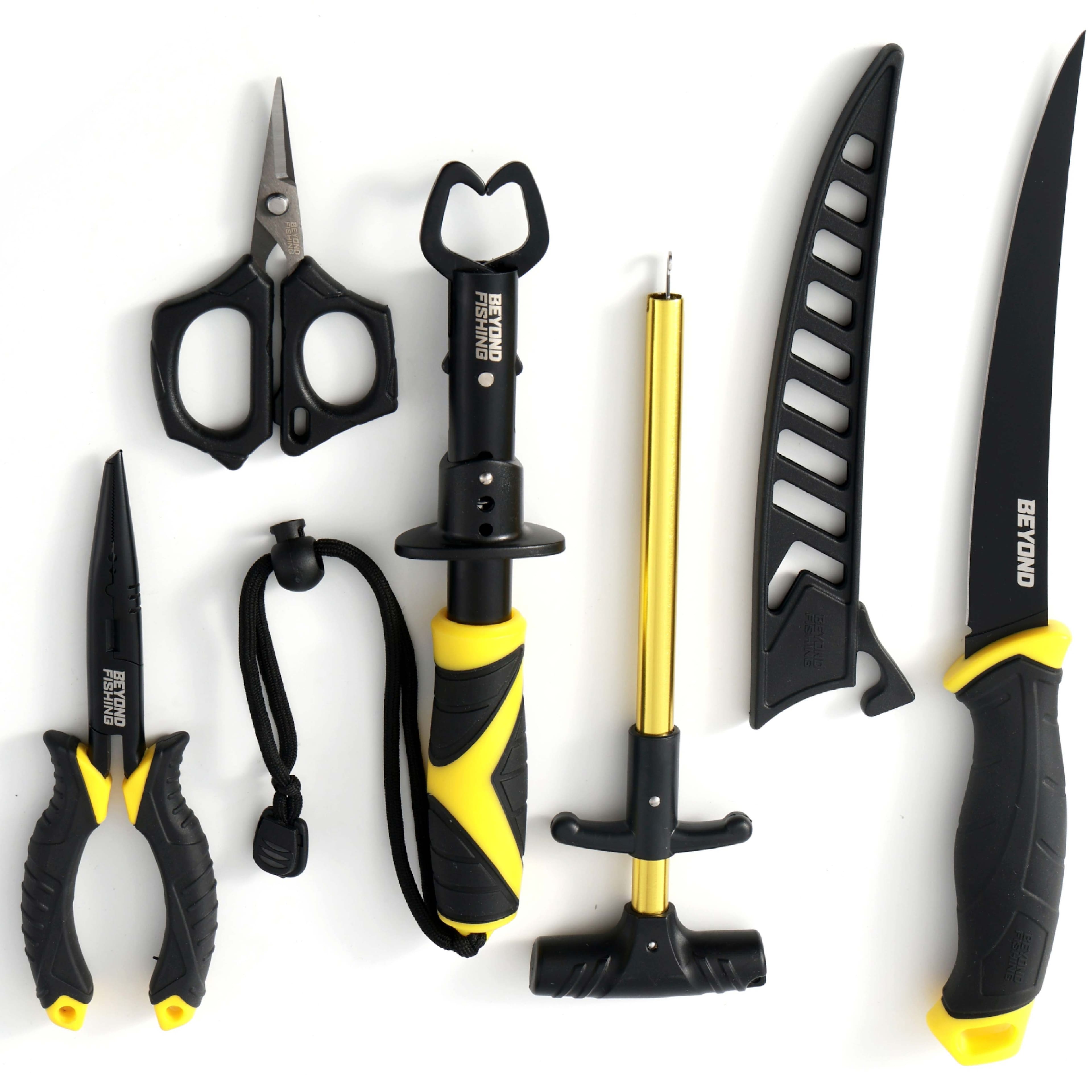 Beyond Braid - Beyond Fishing 5-Piece Fishing Tool Kit - Pliers, Fillet Knife, Hook Remover, Lip Gripper, Braid Scissors - Black