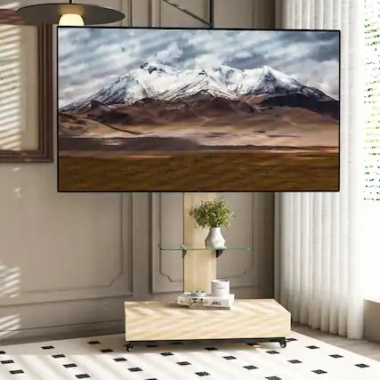 Front. Z-Edge - TV Stand with Push-Pull Drawer and Shelf, Mobile TV Cart for 32-75 inches, Floor TV Stand with Wheels for Living Room - Natural.
