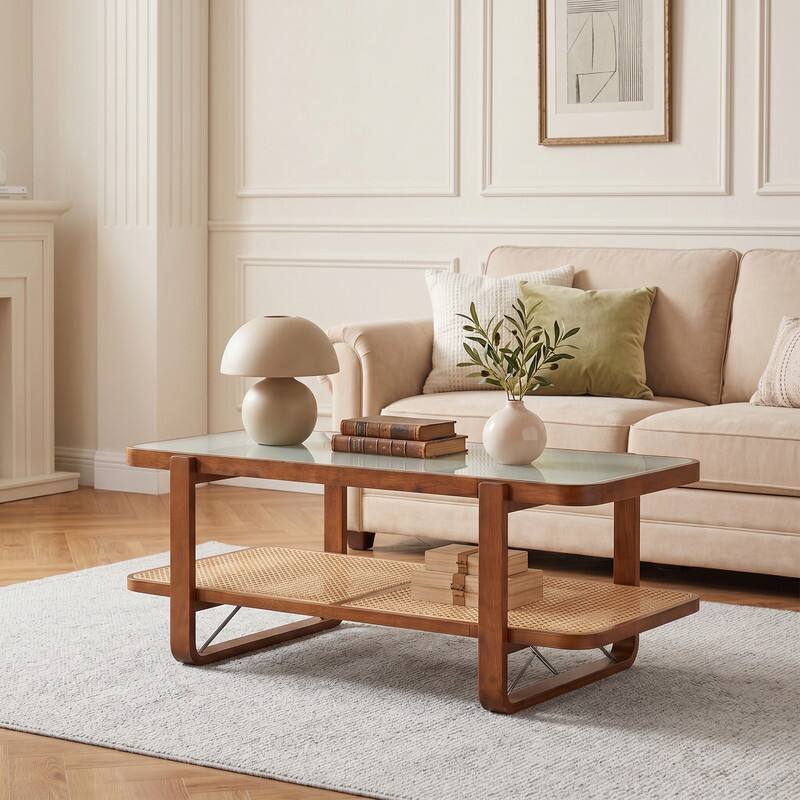 Alt View 5. WELLFOR - 2-Tier Boho Rattan Coffee Table with Tempered Glass Top and Storage Shelf, Rectangle Center Table Cocktail Tea Table - Walnut.