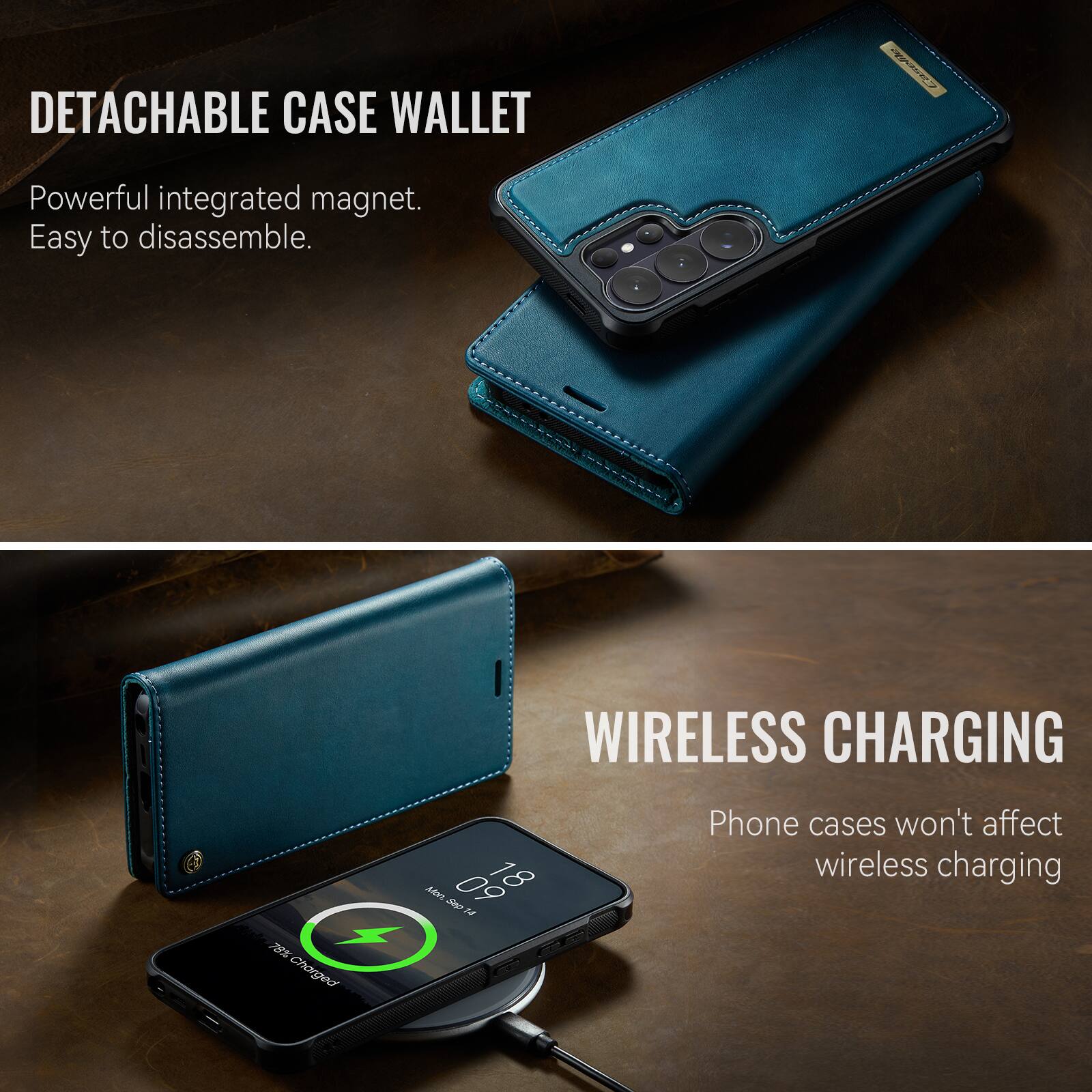 DETACHABLE CASE WALLET  
Powerful integrated magnet. Easy to disassemble.  

WIRELESS CHARGING  
Phone cases won't affect wireless charging