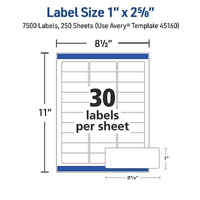 Label Size 1" x 2 5/8"

7500 Labels, 250 Sheets (Use Avery Template 45160)

8 1/2" x 11"

30 labels per sheet

1" x 2 5/8"