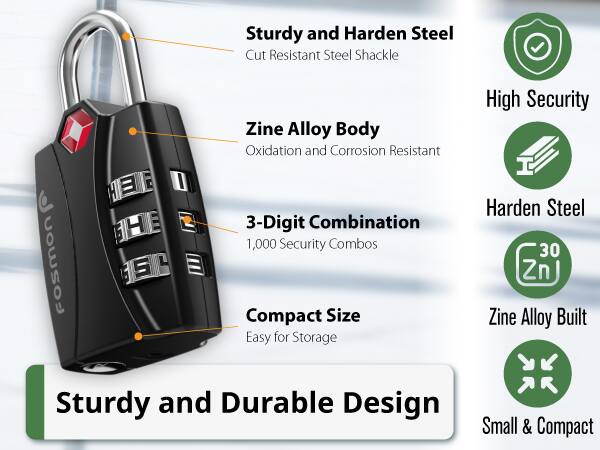 Sturdy and Harden Steel Cut Resistant Steel Shackle fosmon  E H H E S  Zine Alloy Body Oxidation and Corrosion Resistant 3-Digit Combination 1,000 Security Combos Compact Size Easy for Storage High Security Harden Steel 30 Zn Zine Alloy Built Sturdy and Durable Design Small & Compact
