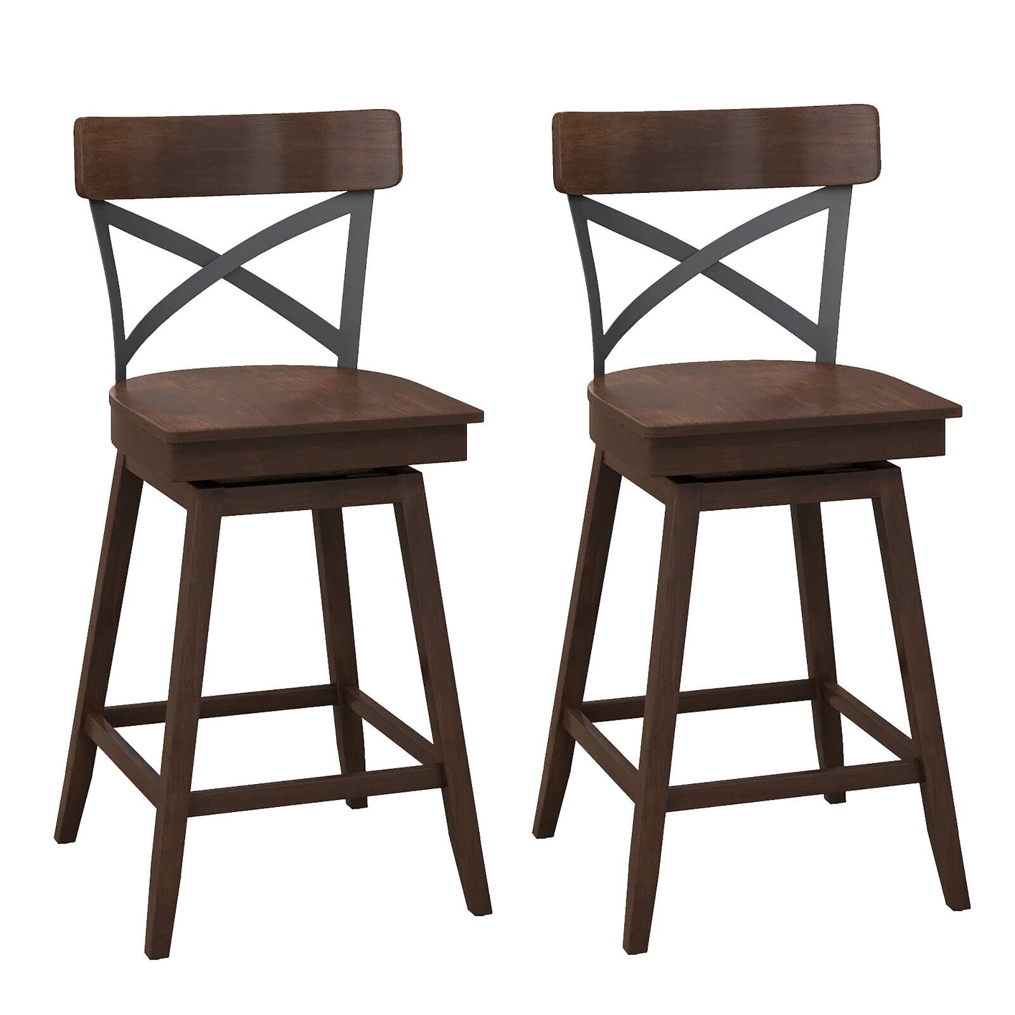 Gymax - Set of 2 Wooden Swivel Bar Stools Counter Height Kitchen Chairs w/ Back Brown - Brown + Black