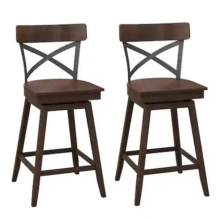 Front. Gymax - Gymax Set of 2 Wooden Swivel Bar Stools Counter Height Kitchen Chairs w/ Back Brown - Brown + Black.