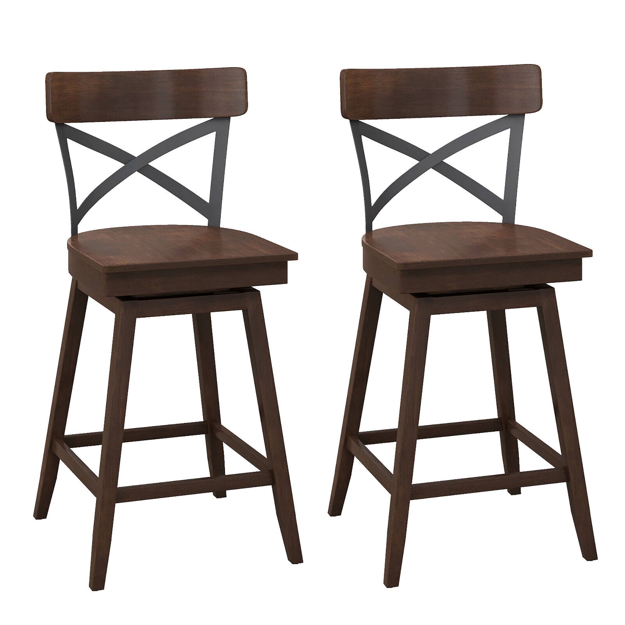 Gymax - Set of 2 Wooden Swivel Bar Stools Counter Height Kitchen Chairs w/ Back Brown - Brown + Black