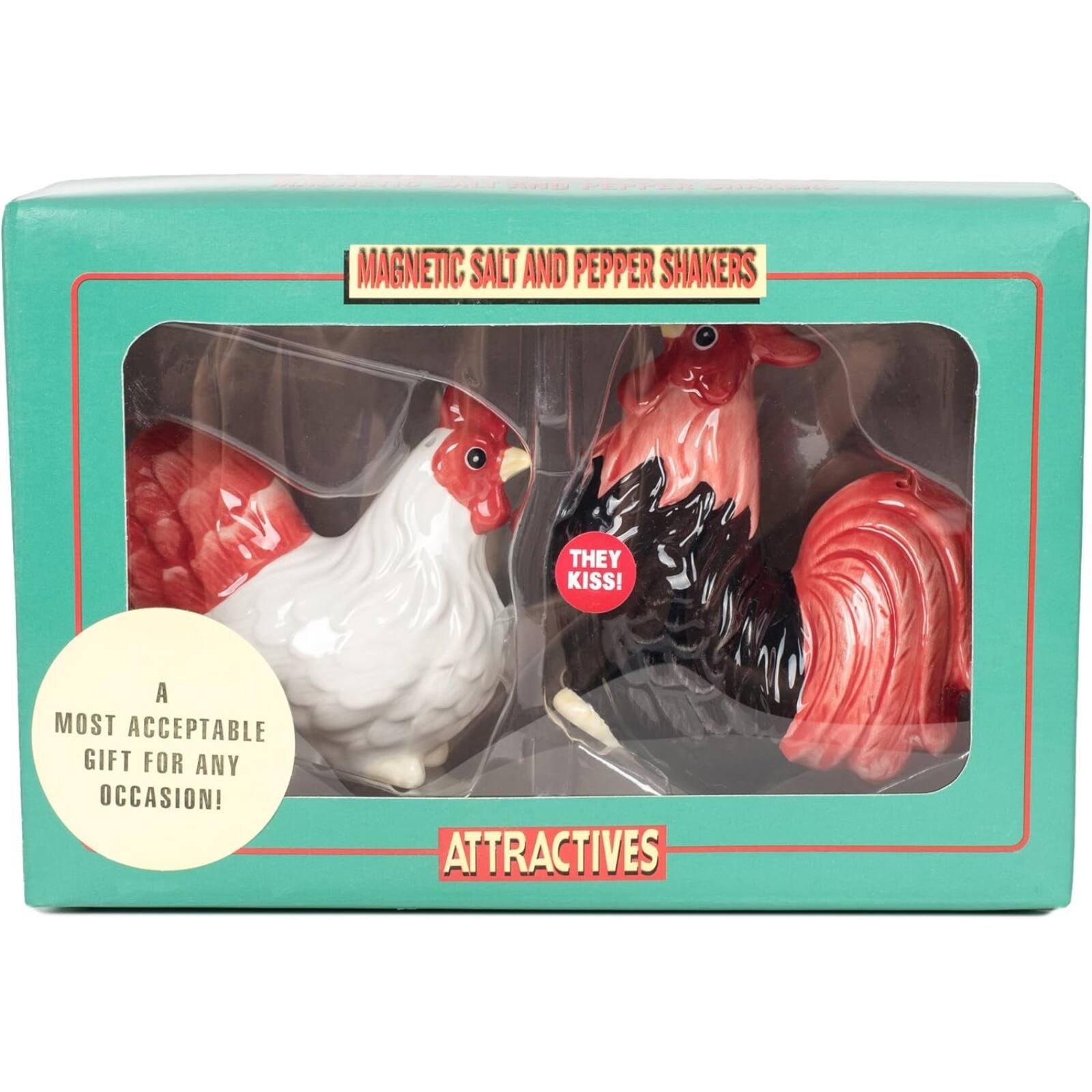 MAGNETIC SALT AND PEPPER SHAKERS  
THEY KISS!  
A MOST ACCEPTABLE GIFT FOR ANY OCCASION!  
ATTRACTIVES