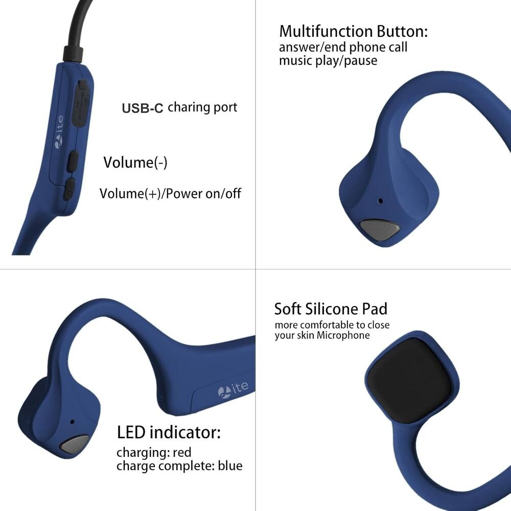 Multifunction Button: answer/end phone call music play/pause

USB-C charging port

Volume(-)

Volume(+)/Power on/off

Soft Silicone Pad more comfortable to close your skin Microphone

LED indicator: charging: red charge complete: blue