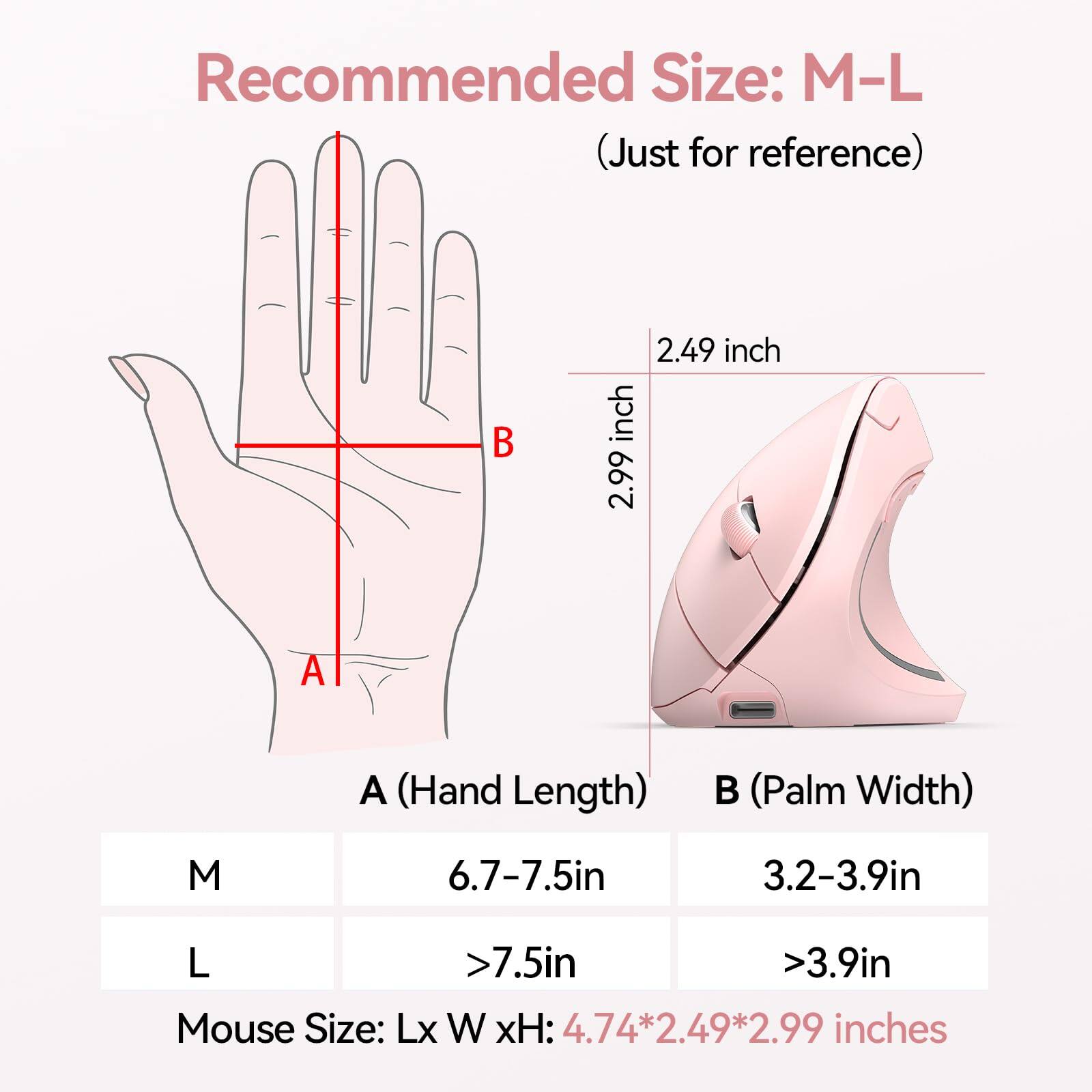 Recommended Size: M-L (Just for reference)

A (Hand Length)  
M: 6.7-7.5in  
L: >7.5in

B (Palm Width)  
M: 3.2-3.9in  
L: >3.9in

Mouse Size: Lx W xH: 4.74*2.49*2.99 inches