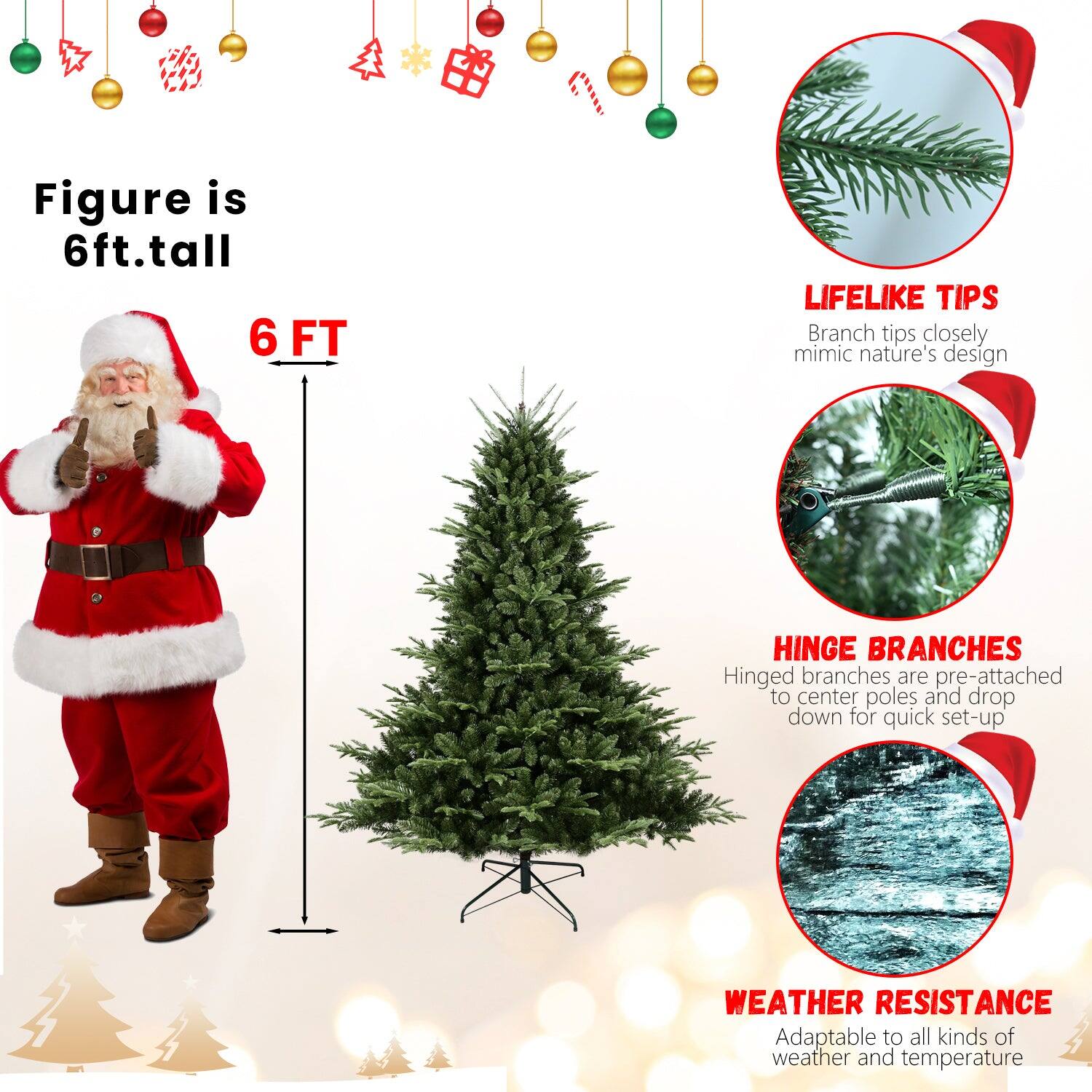 - Figure is 6ft. tall
- 6 FT
- LIFELIKE TIPS: Branch tips closely mimic nature's design
- HINGE BRANCHES: Hinged branches are pre-attached to center poles and drop down for quick set-up
- WEATHER RESISTANCE: Adaptable to all kinds of weather and temperature