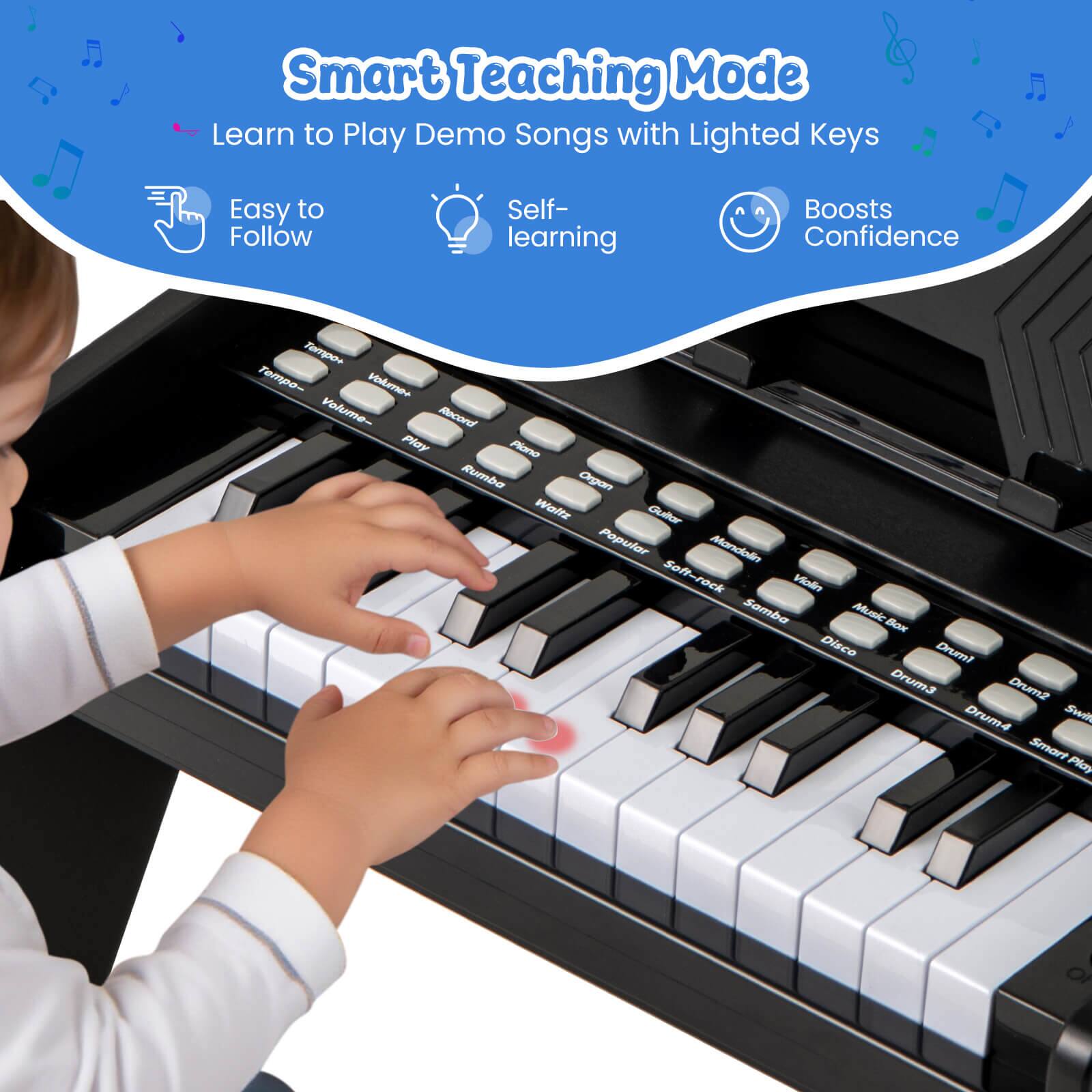 Smart Teaching Mode  
Learn to Play Demo Songs with Lighted Keys  

- Easy to Follow  
- Self-learning  
- Boosts Confidence  

Tempo-  
Volume-  
Record  
Play  
Pause  
Rumba  
Walte  
Guitar  
Popular  
Mtandalo  
Soft-rock  
Moly  
Somba  
MusBo  
Bx  
Disco  
Drum1  
Drum2  
Drum3  
Drum4  
Smart Play