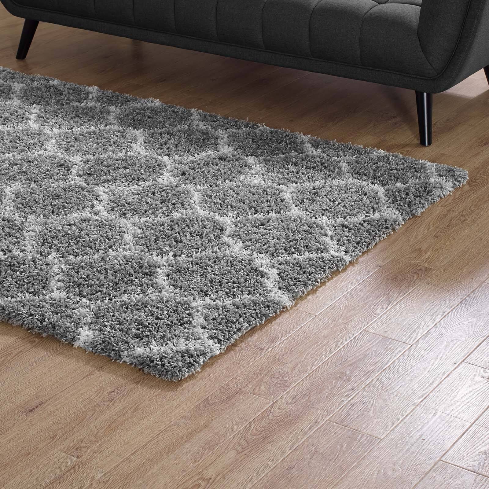 Back. Modway - Solvea Moroccan Trellis Shag Area Rug - Gray and Ivory.