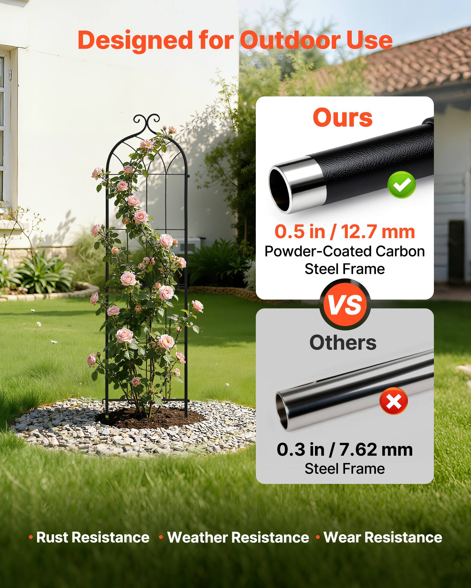 Designed for Outdoor Use

Ours  
0.5 in / 12.7 mm  
Powder-Coated Carbon Steel Frame

VS

Others  
0.3 in / 7.62 mm  
Steel Frame

- Rust Resistance  
- Weather Resistance  
- Wear Resistance