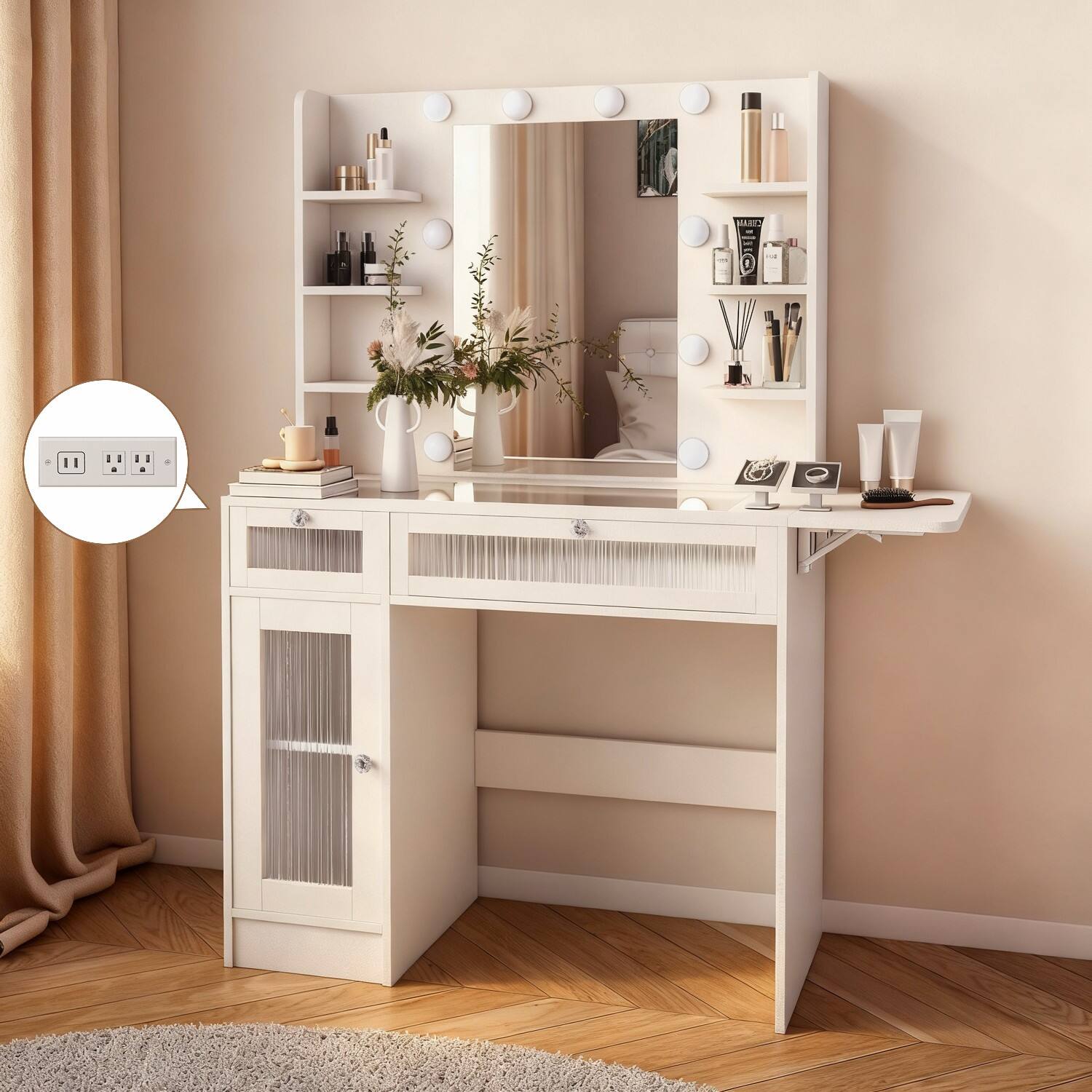 Alt View 2. Dyonery - Dyonery Vanity Desk with Mirror, LED Lights and Power Outlet Makeup Vanity Table with 2 Drawers and 6 Storage Shelves - White.