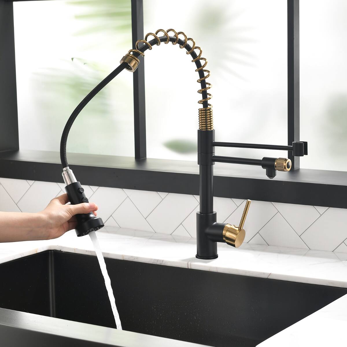 Alt View 1. Ropilly - Ropilly Contemporary Dual Outlet Kitchen Faucet with Pull Down Sprayer, Black and Gold Brass Water Filter Faucet - Black and Gold.