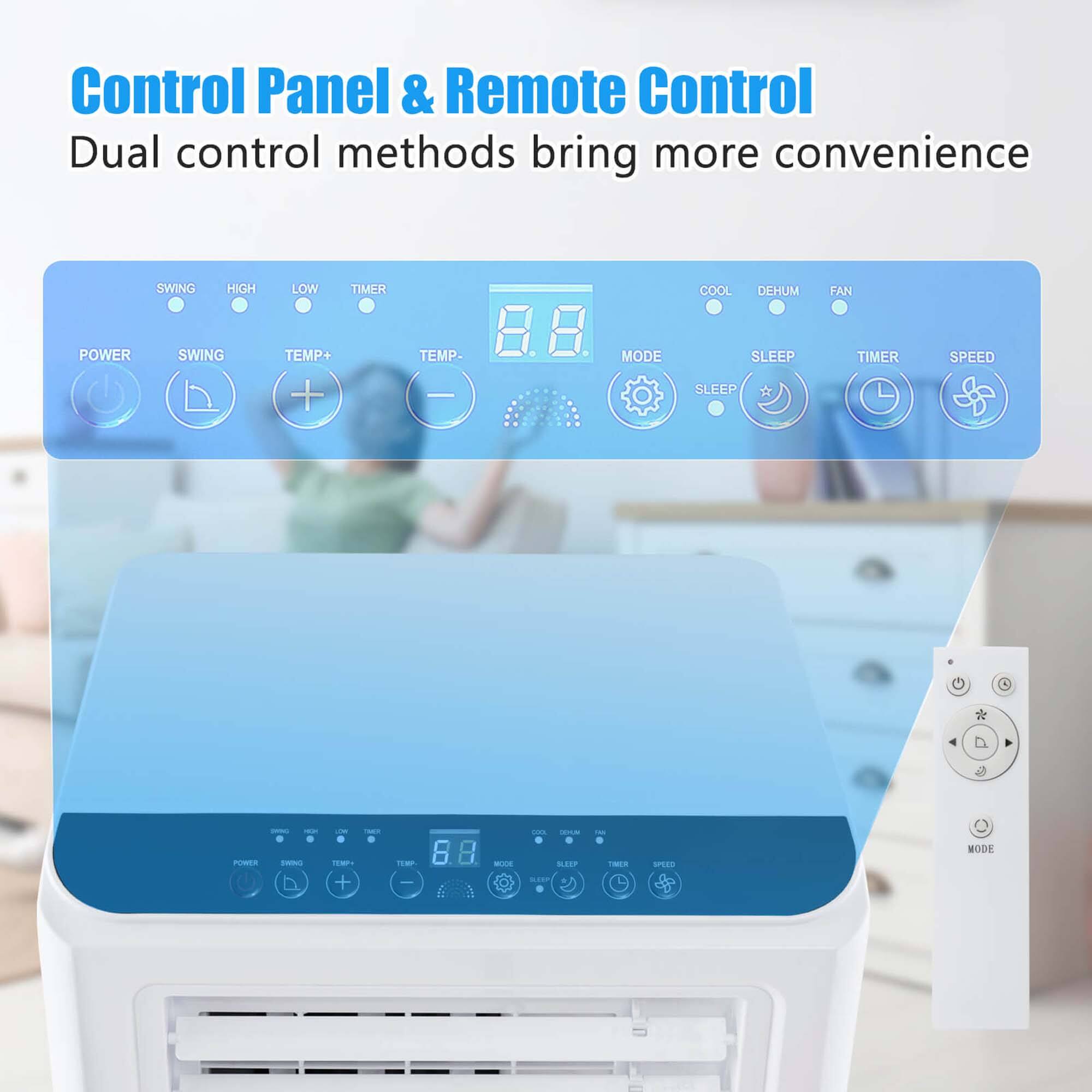Control Panel & Remote Control Dual control methods bring more convenience. The image features a control panel with various buttons, including swing high power, swing low, timer, temp, and sleep. Additionally, there is a remote control with a timer, speed, and power button. The combination of these control methods allows for greater convenience and ease of use for the user.