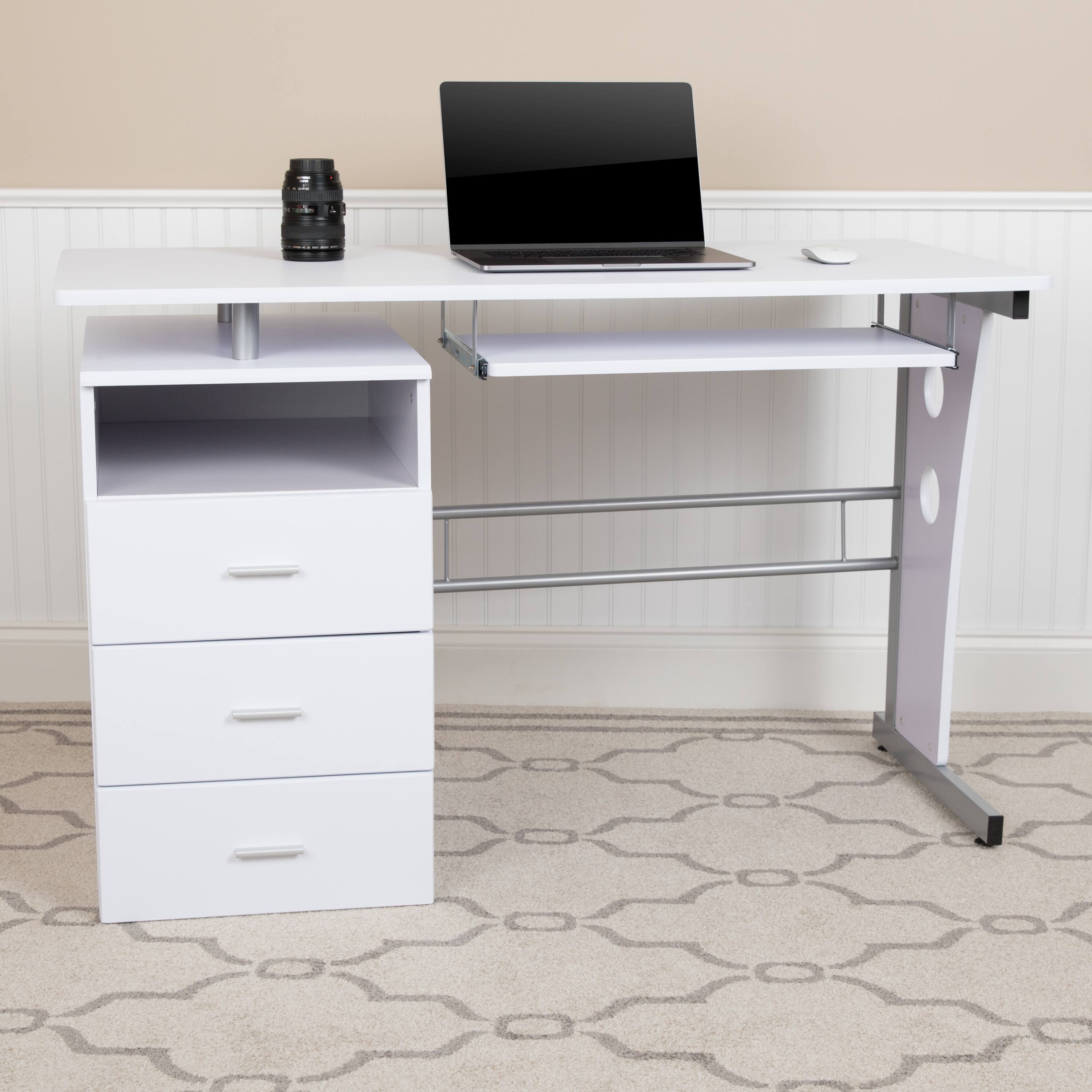 Alt View 1. Emma + Oliver - Desk with Three Drawer Single Pedestal and Pull-Out Keyboard Tray - White.