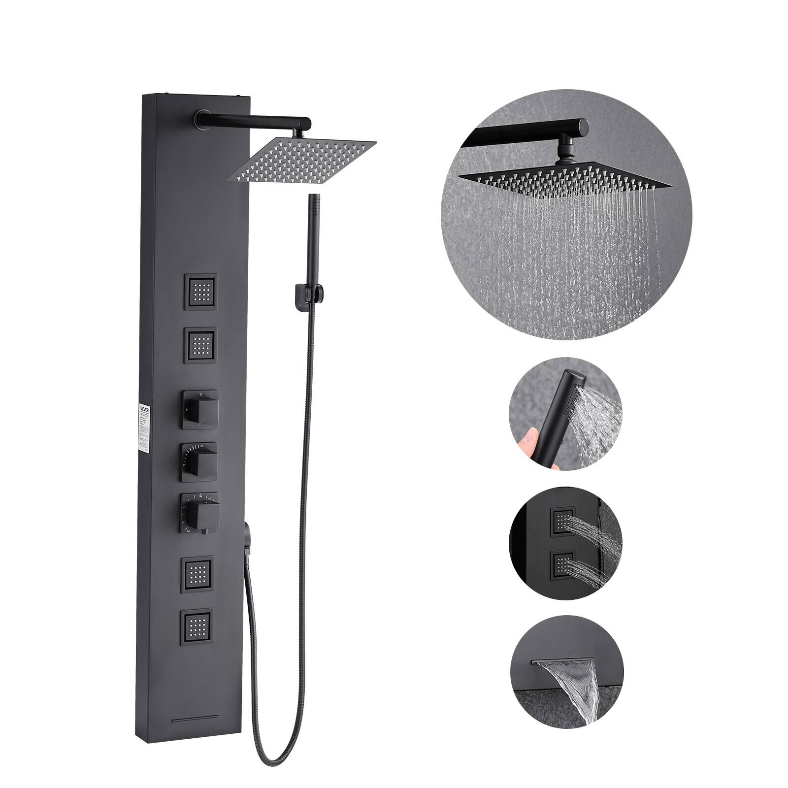 VEVOR - Shower Panel Tower System with Rainfall Shower Head, 49 in Brushed Stainless Steel Shower Column, 4-Function Faucet - Black