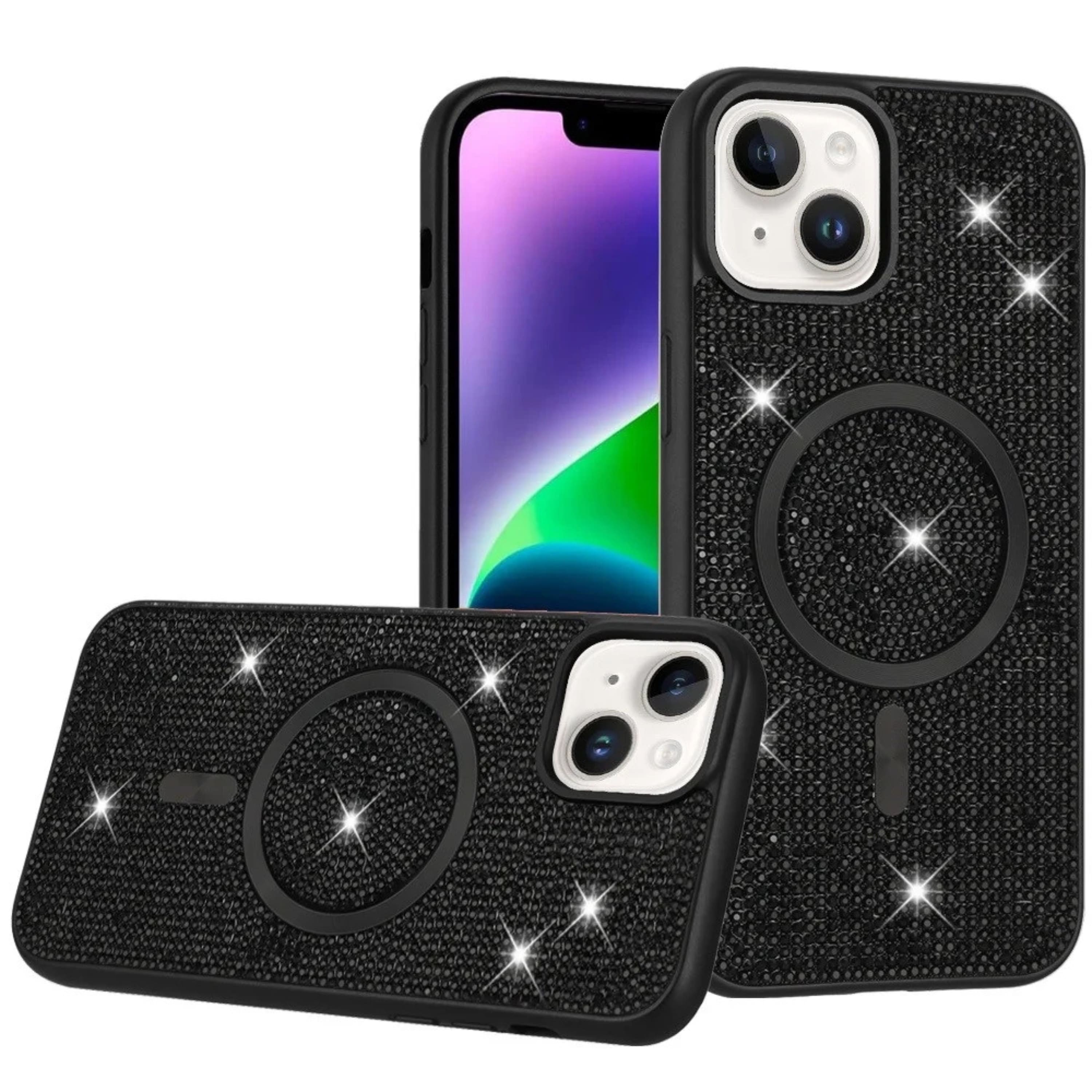 Kitcheniva - Full Bling Magnetic Circle Faux Crystal Phone Case With Tempered Glass For iPhone 13 14 - Black price history on PriceWatchPro