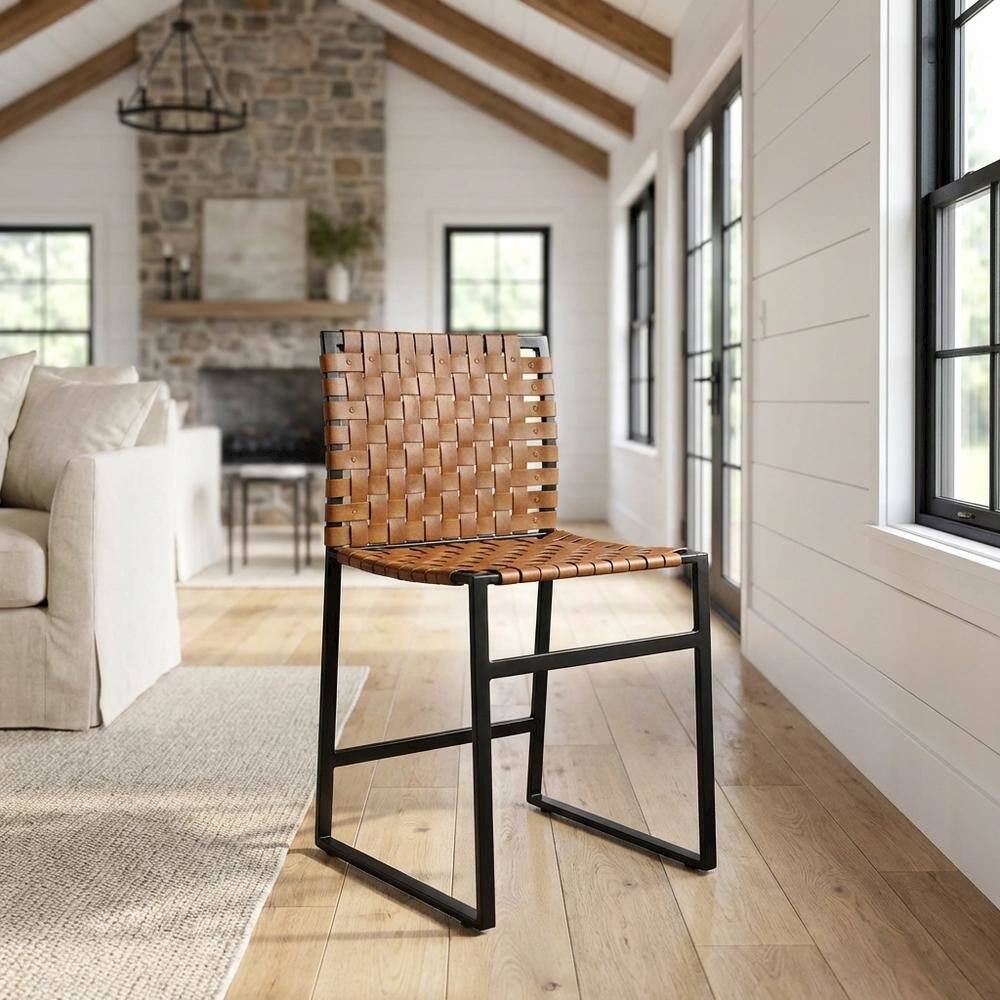 Alt View 4. Starlight Canyon Home - Industrial Leather Side Chair with Sled Base, Accent Chair for Dining Room - Medium Brown.