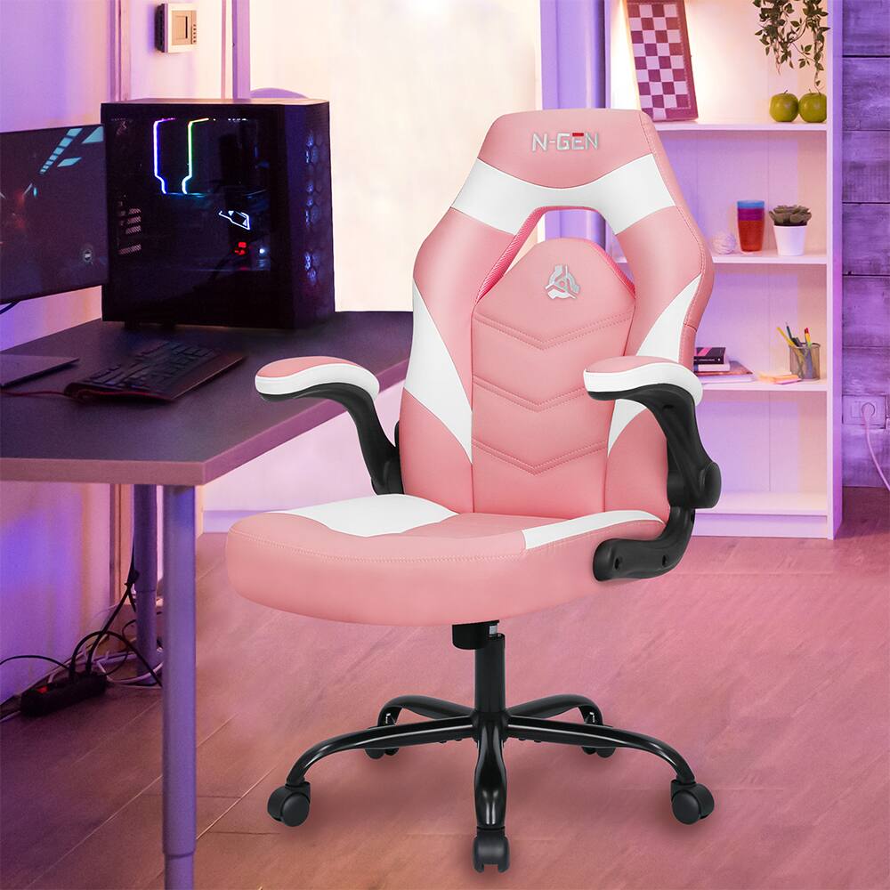 Angle. Neo Chair - Gaming Chair, Ergonomic Office Computer Desk Chair with Lumbar Support, Flip-Up Arms, PU Leather, Swivel Wheels - Pink.