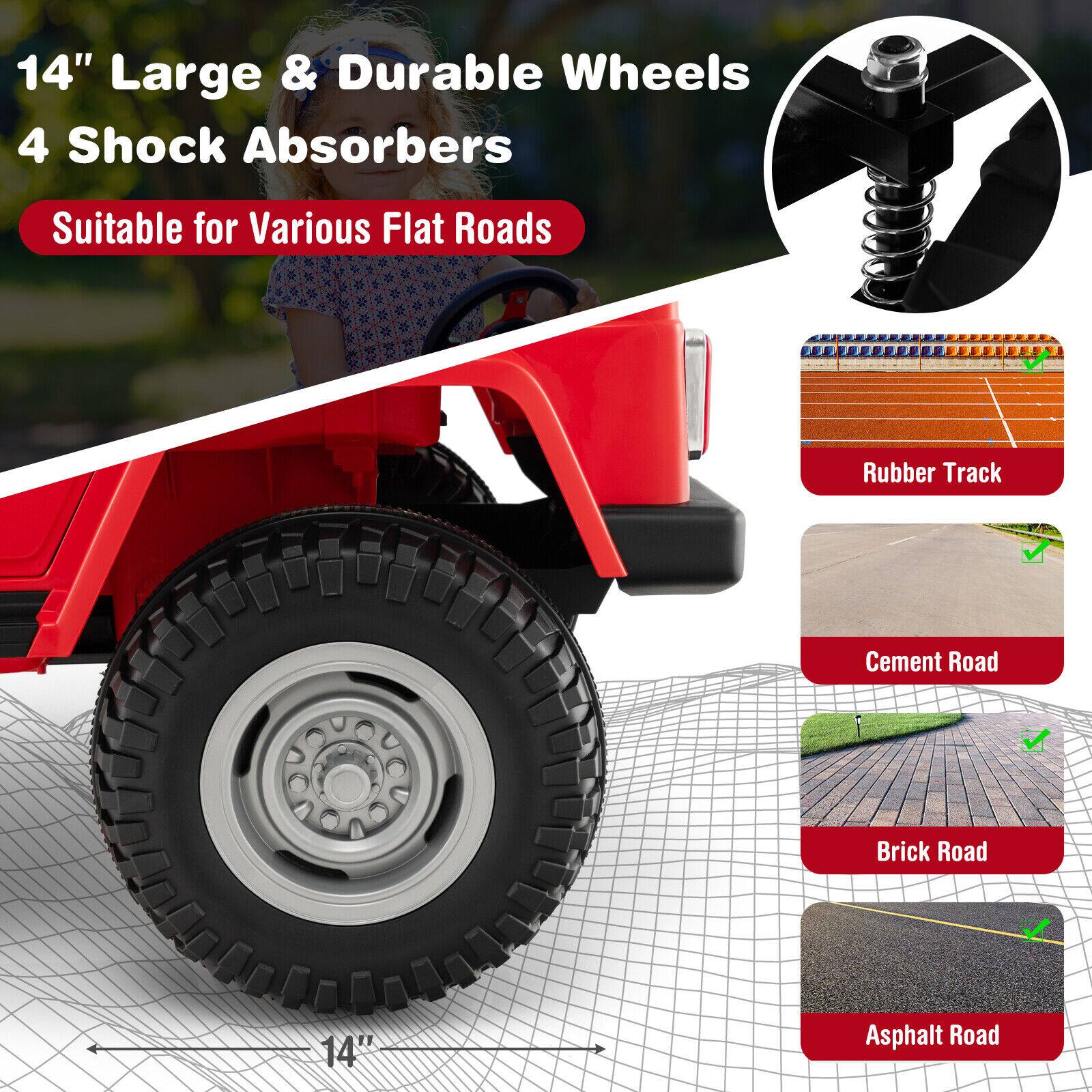 14" Large & Durable Wheels  
4 Shock Absorbers  
Suitable for Various Flat Roads  

- Rubber Track  
- Cement Road  
- Brick Road  
- Asphalt Road
